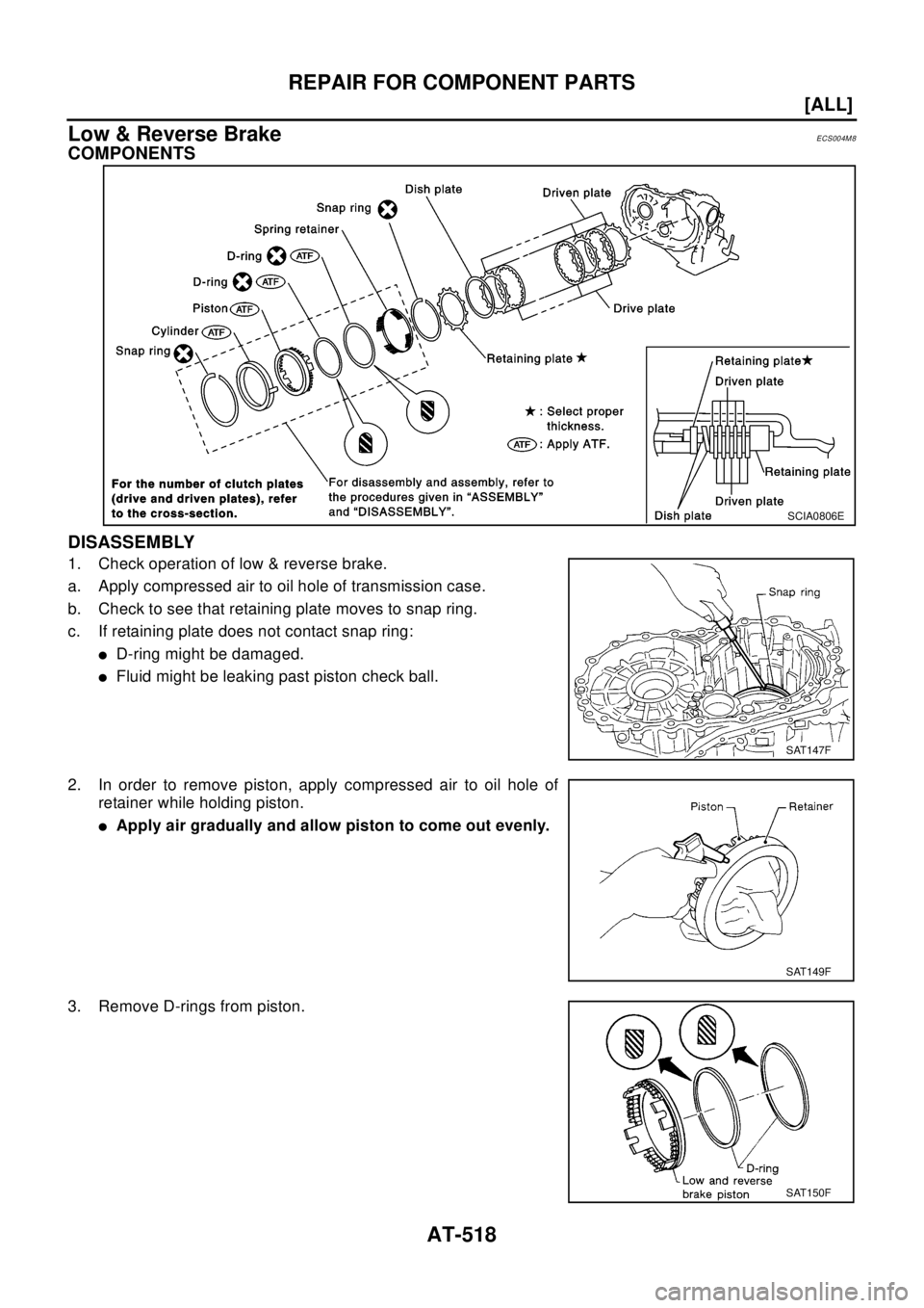 NISSAN X-TRAIL 2003  Electronic Repair Manual AT-518
[ALL]
REPAIR FOR COMPONENT PARTS
Low & Reverse Brake
ECS004M8
COMPONENTS
DISASSEMBLY
1. Check operation of low & reverse brake.
a. Apply compressed air to oil hole of transmission case.
b. Chec