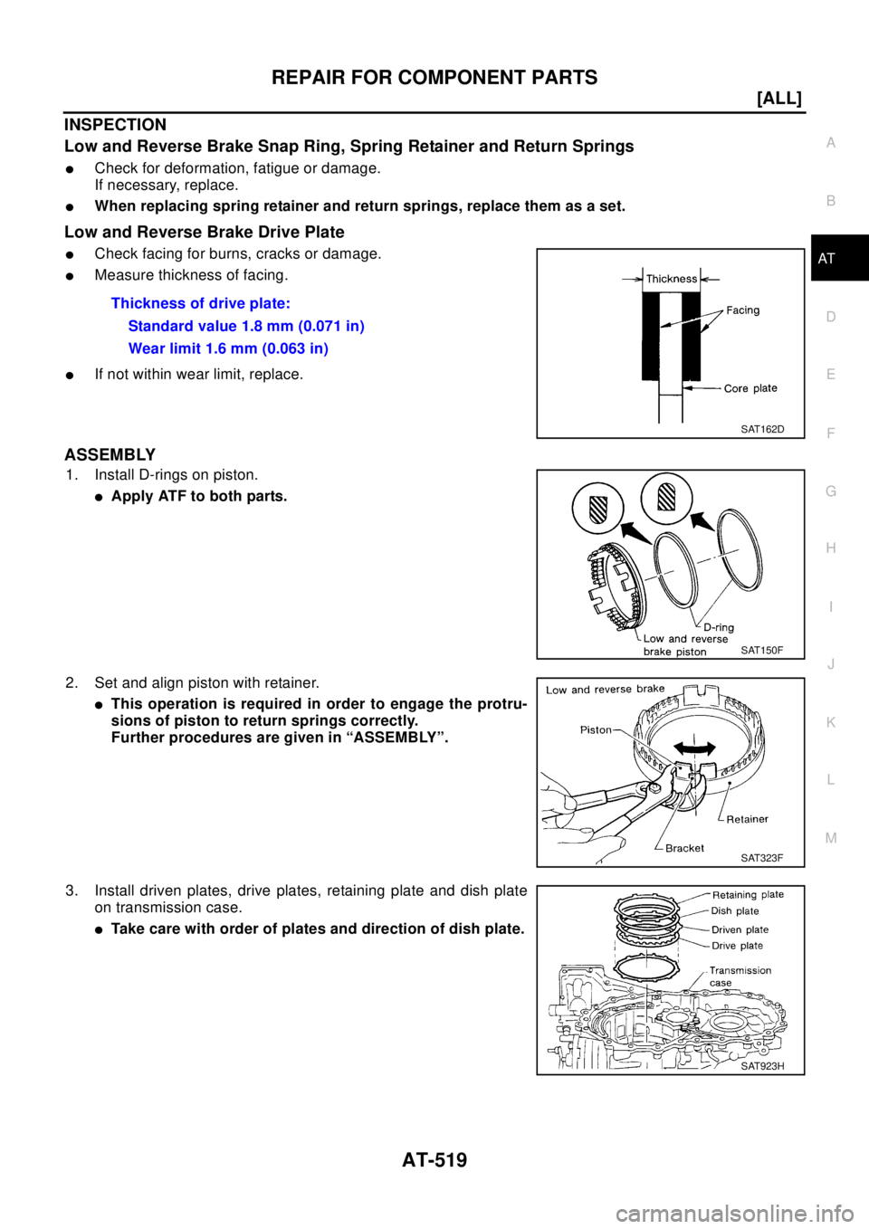 NISSAN X-TRAIL 2003  Electronic Repair Manual REPAIR FOR COMPONENT PARTS
AT-519
[ALL]
D
E
F
G
H
I
J
K
L
MA
B
AT
INSPECTION
Low and Reverse Brake Snap Ring, Spring Retainer and Return Springs
lCheck for deformation, fatigue or damage.
If necessary