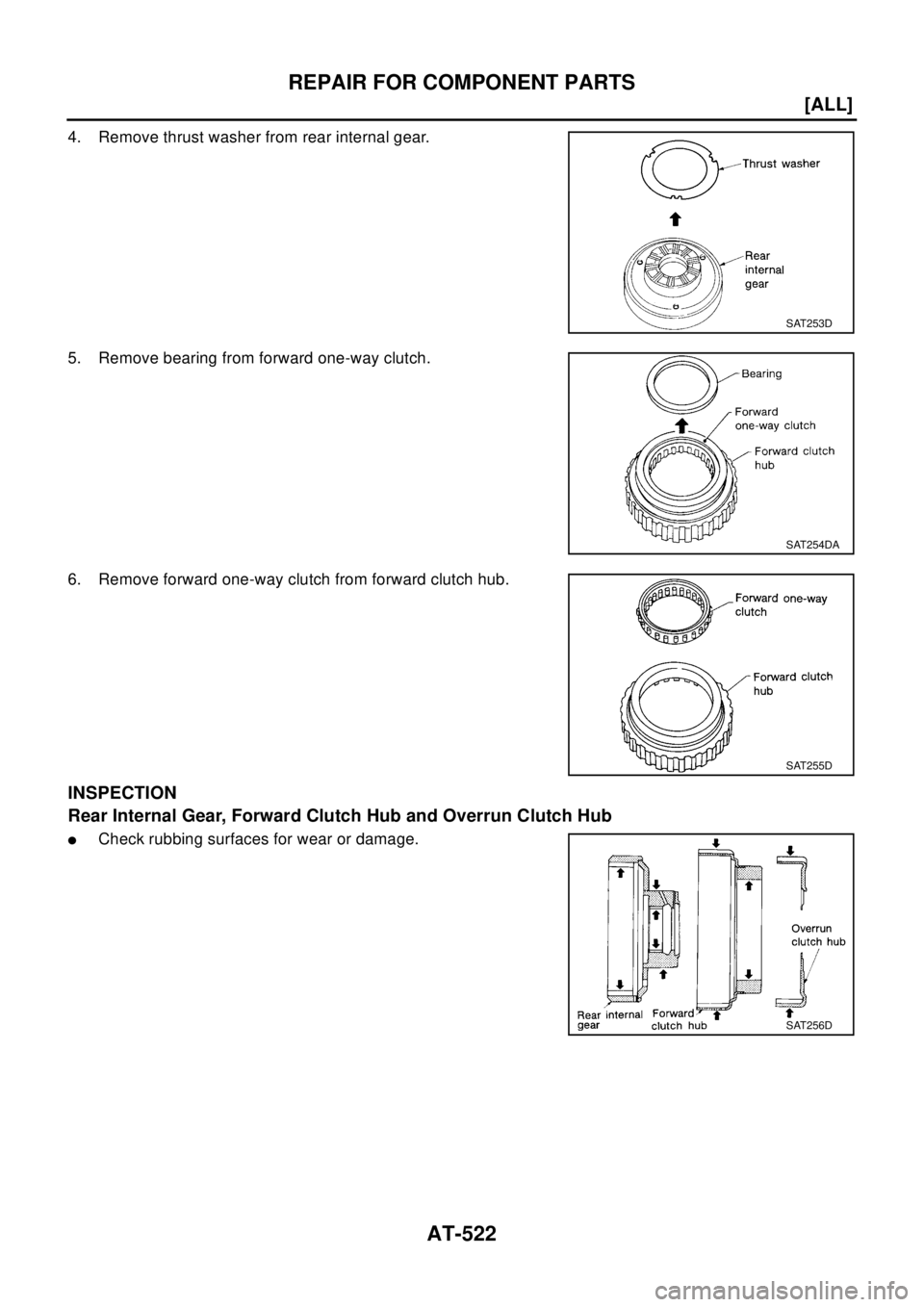 NISSAN X-TRAIL 2003  Electronic Repair Manual AT-522
[ALL]
REPAIR FOR COMPONENT PARTS
4. Remove thrust washer from rear internal gear.
5. Remove bearing from forward one-way clutch.
6. Remove forward one-way clutch from forward clutch hub.
INSPEC