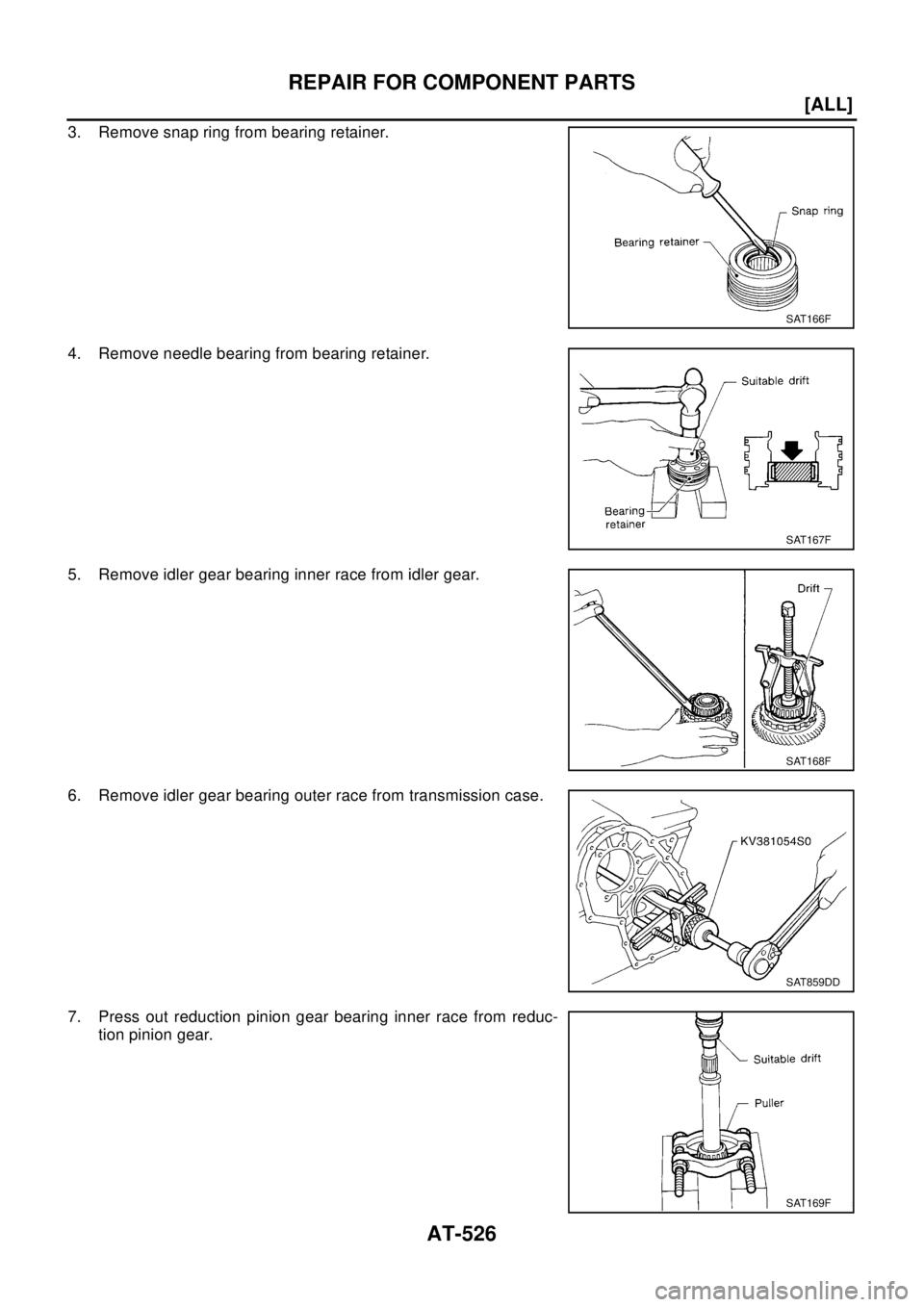NISSAN X-TRAIL 2003  Electronic Repair Manual AT-526
[ALL]
REPAIR FOR COMPONENT PARTS
3. Remove snap ring from bearing retainer.
4. Remove needle bearing from bearing retainer.
5. Remove idler gear bearing inner race from idler gear.
6. Remove id