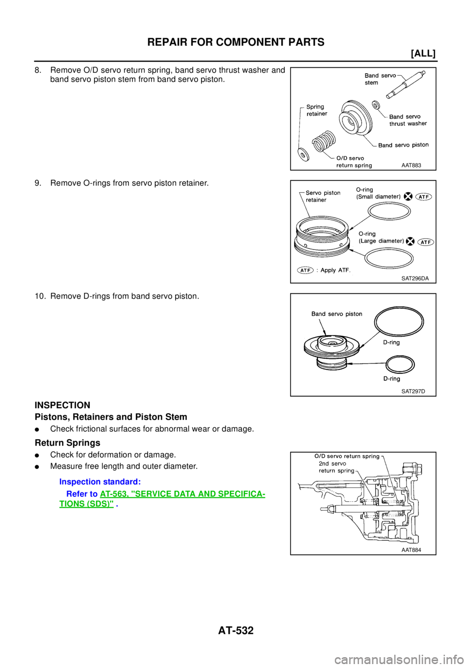 NISSAN X-TRAIL 2003  Electronic Repair Manual AT-532
[ALL]
REPAIR FOR COMPONENT PARTS
8. Remove O/D servo return spring, band servo thrust washer and
band servo piston stem from band servo piston.
9. Remove O-rings from servo piston retainer.
10.