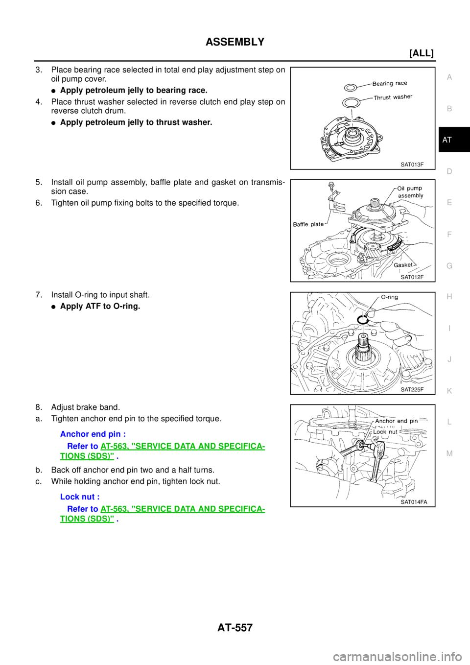 NISSAN X-TRAIL 2003  Electronic Repair Manual ASSEMBLY
AT-557
[ALL]
D
E
F
G
H
I
J
K
L
MA
B
AT
3. Place bearing race selected in total end play adjustment step on
oil pump cover.
lApply petroleum jelly to bearing race.
4. Place thrust washer selec