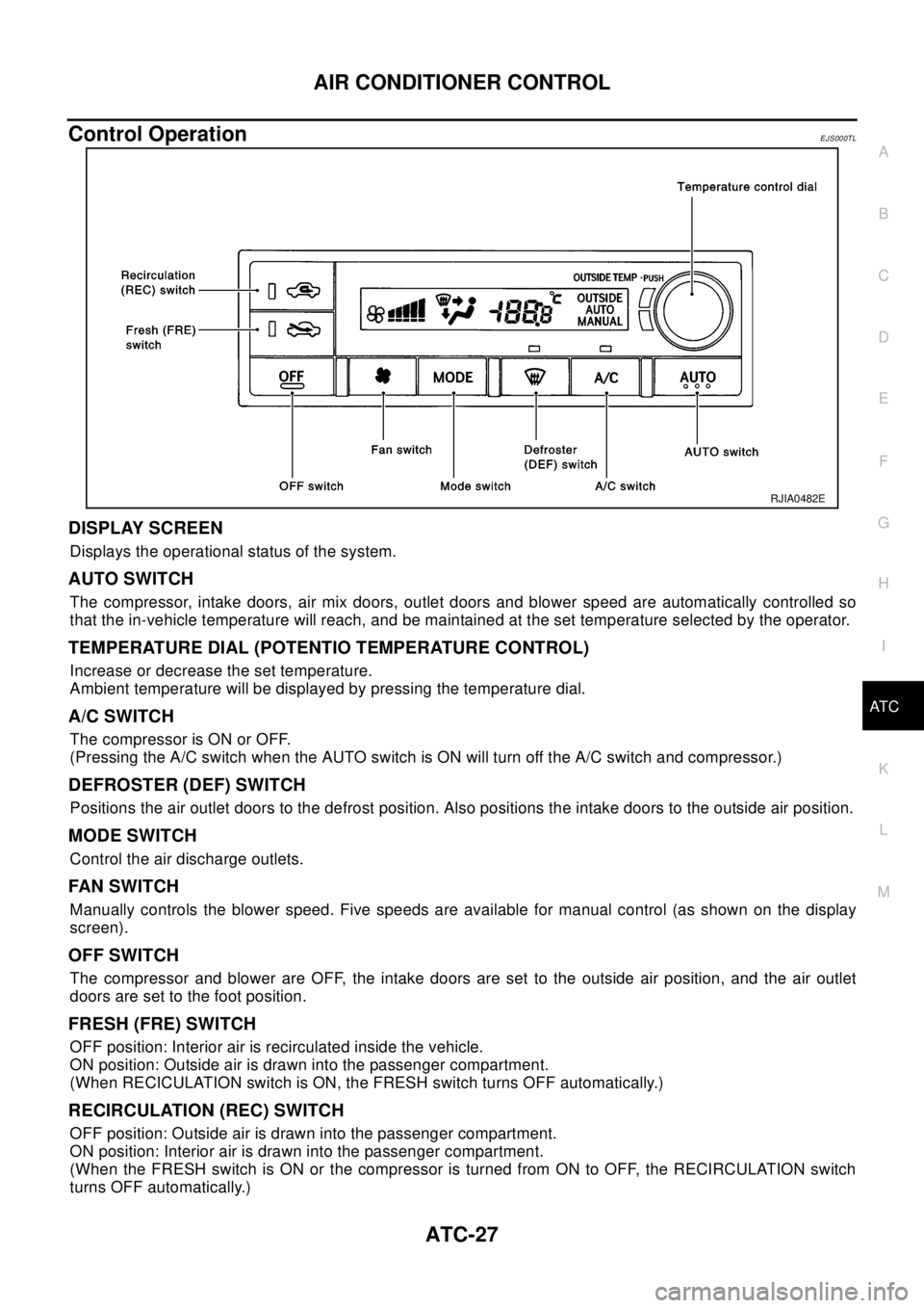 NISSAN X-TRAIL 2003 Electronic Repair Manual AIR CONDITIONER CONTROL
ATC-27
C
D
E
F
G
H
I
K
L
MA
B
AT C
Control OperationEJS000TL
DISPLAY SCREEN
Displays the operational status of the system.
AUTO SWITCH
The compressor, intake doors, air mix doo NISSAN X-TRAIL 2003 Electronic Repair Manual AIR CONDITIONER CONTROL
ATC-27
C
D
E
F
G
H
I
K
L
MA
B
AT C
Control OperationEJS000TL
DISPLAY SCREEN
Displays the operational status of the system.
AUTO SWITCH
The compressor, intake doors, air mix doo