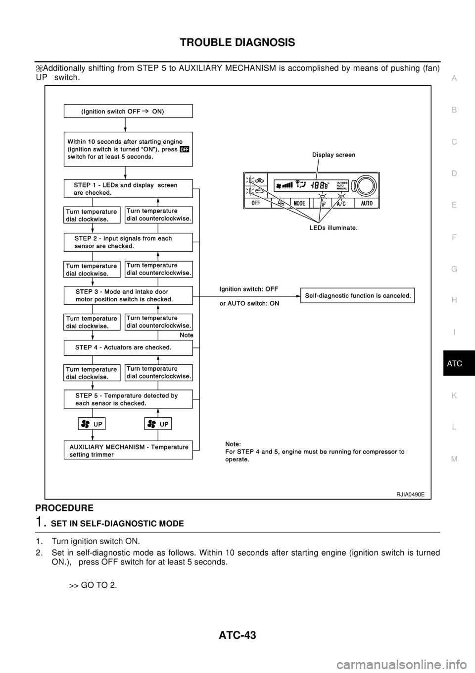 NISSAN X-TRAIL 2003  Electronic Repair Manual TROUBLE DIAGNOSIS
ATC-43
C
D
E
F
G
H
I
K
L
MA
B
AT C
Additionally shifting from STEP 5 to AUXILIARY MECHANISM is accomplished by means of pushing (fan)
UP switch.
PROCEDURE
1.SET IN SELF-DIAGNOSTIC MO