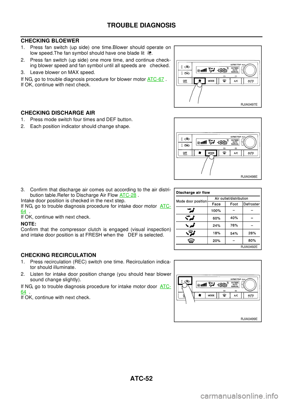 NISSAN X-TRAIL 2003  Electronic Repair Manual ATC-52
TROUBLE DIAGNOSIS
CHECKING BLOEWER
1. Press fan switch (up side) one time.Blower should operate on
low speed.The fan symbol should have one blade lit .
2. Press fan switch (up side) one more ti