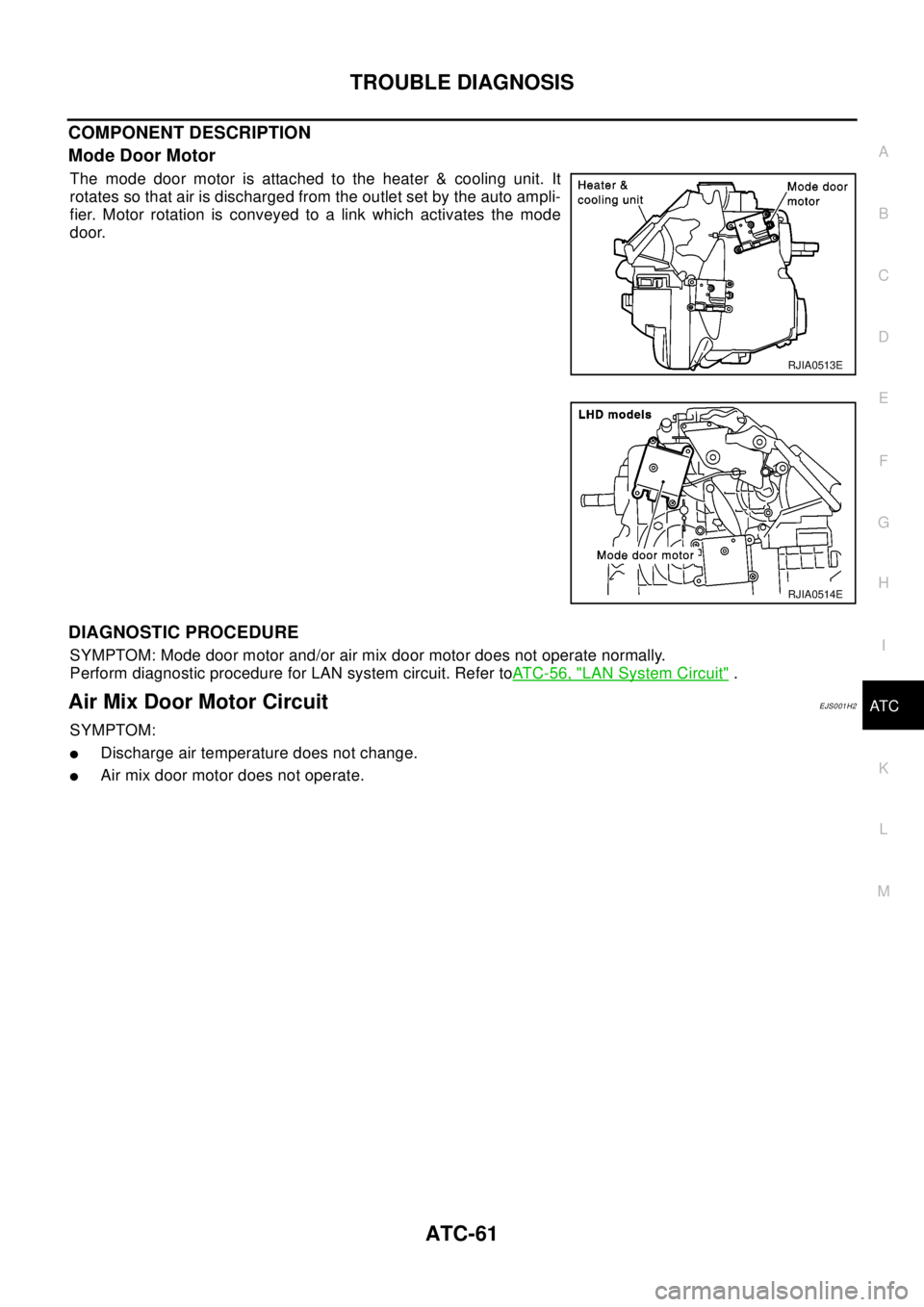 NISSAN X-TRAIL 2003  Electronic Repair Manual TROUBLE DIAGNOSIS
ATC-61
C
D
E
F
G
H
I
K
L
MA
B
AT C
COMPONENT DESCRIPTION
Mode Door Motor
The mode door motor is attached to the heater & cooling unit. It
rotates so that air is discharged from the o
