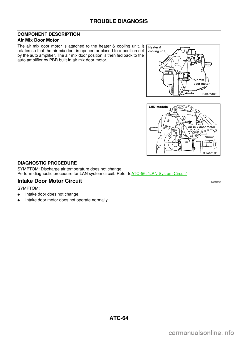 NISSAN X-TRAIL 2003  Electronic Repair Manual ATC-64
TROUBLE DIAGNOSIS
COMPONENT DESCRIPTION
Air Mix Door Motor
The air mix door motor is attached to the heater & cooling unit. It
rotates so that the air mix door is opened or closed to a position