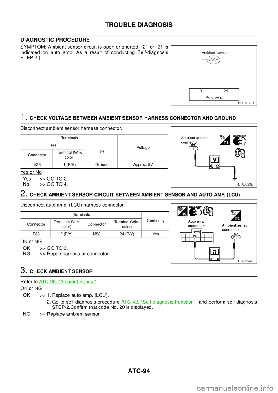 NISSAN X-TRAIL 2003  Electronic Repair Manual ATC-94
TROUBLE DIAGNOSIS
DIAGNOSTIC PROCEDURE
SYMPTOM: Ambient sensor circuit is open or shorted. (21 or -21 is
indicated on auto amp. As a result of conducting Self-diagnosis
STEP 2.)
1.CHECK VOLTAGE