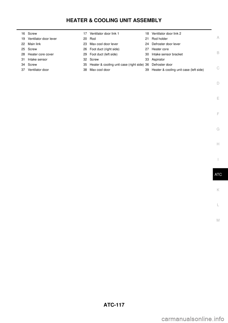 NISSAN X-TRAIL 2003  Electronic Repair Manual HEATER & COOLING UNIT ASSEMBLY
ATC-117
C
D
E
F
G
H
I
K
L
MA
B
AT C
16 Screw 17 Ventilator door link 1 18 Ventilator door link 2
19 Ventilator door lever 20 Rod 21 Rod holder
22 Main link 23 Max cool d