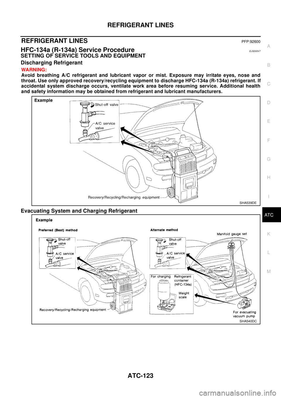 NISSAN X-TRAIL 2003  Electronic Repair Manual REFRIGERANT LINES
ATC-123
C
D
E
F
G
H
I
K
L
MA
B
AT C
REFRIGERANT LINESPFP:92600
HFC-134a (R-134a) Service ProcedureEJS000V7
SETTING OF SERVICE TOOLS AND EQUIPMENT
Discharging Refrigerant
WA RN ING:
A