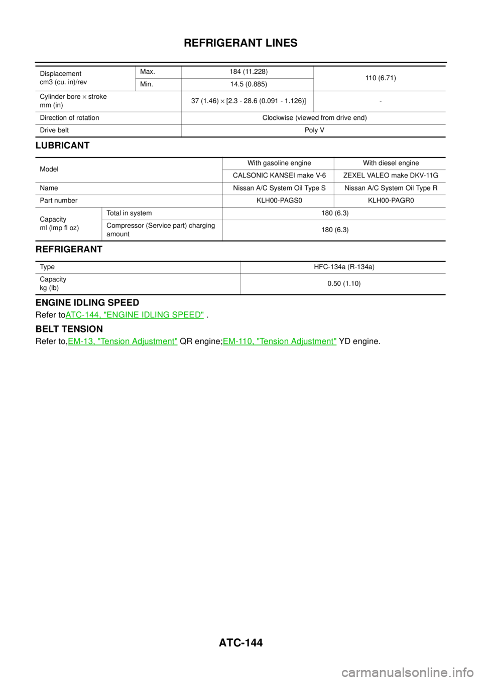 NISSAN X-TRAIL 2003 Electronic Repair Manual ATC-144
REFRIGERANT LINES
LUBRICANT
REFRIGERANT
ENGINE IDLING SPEED
Refer toATC-144, "ENGINE IDLING SPEED".
BELT TENSION
Refer to,EM-13, "Tension Adjustment"QR engine;EM-110, "Tension Adjustment"YD en NISSAN X-TRAIL 2003 Electronic Repair Manual ATC-144
REFRIGERANT LINES
LUBRICANT
REFRIGERANT
ENGINE IDLING SPEED
Refer toATC-144, "ENGINE IDLING SPEED".
BELT TENSION
Refer to,EM-13, "Tension Adjustment"QR engine;EM-110, "Tension Adjustment"YD en