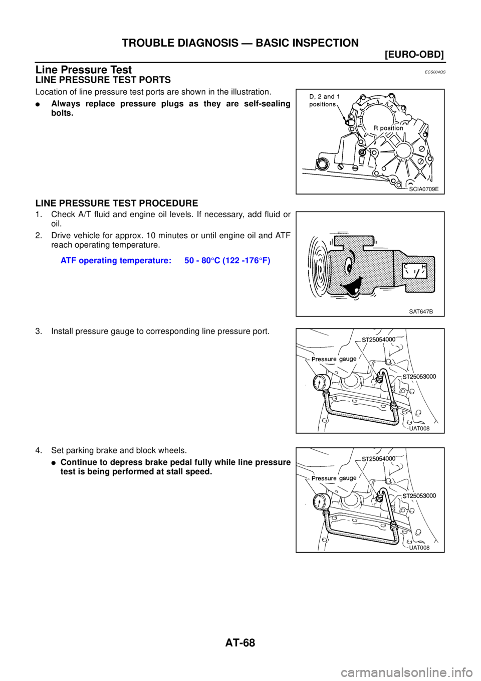 NISSAN X-TRAIL 2003  Electronic Manual PDF AT-68
[EURO-OBD]
TROUBLE DIAGNOSIS — BASIC INSPECTION
Line Pressure Test
ECS004QS
LINE PRESSURE TEST PORTS
Location of line pressure test ports are shown in the illustration.
lAlways replace pressur