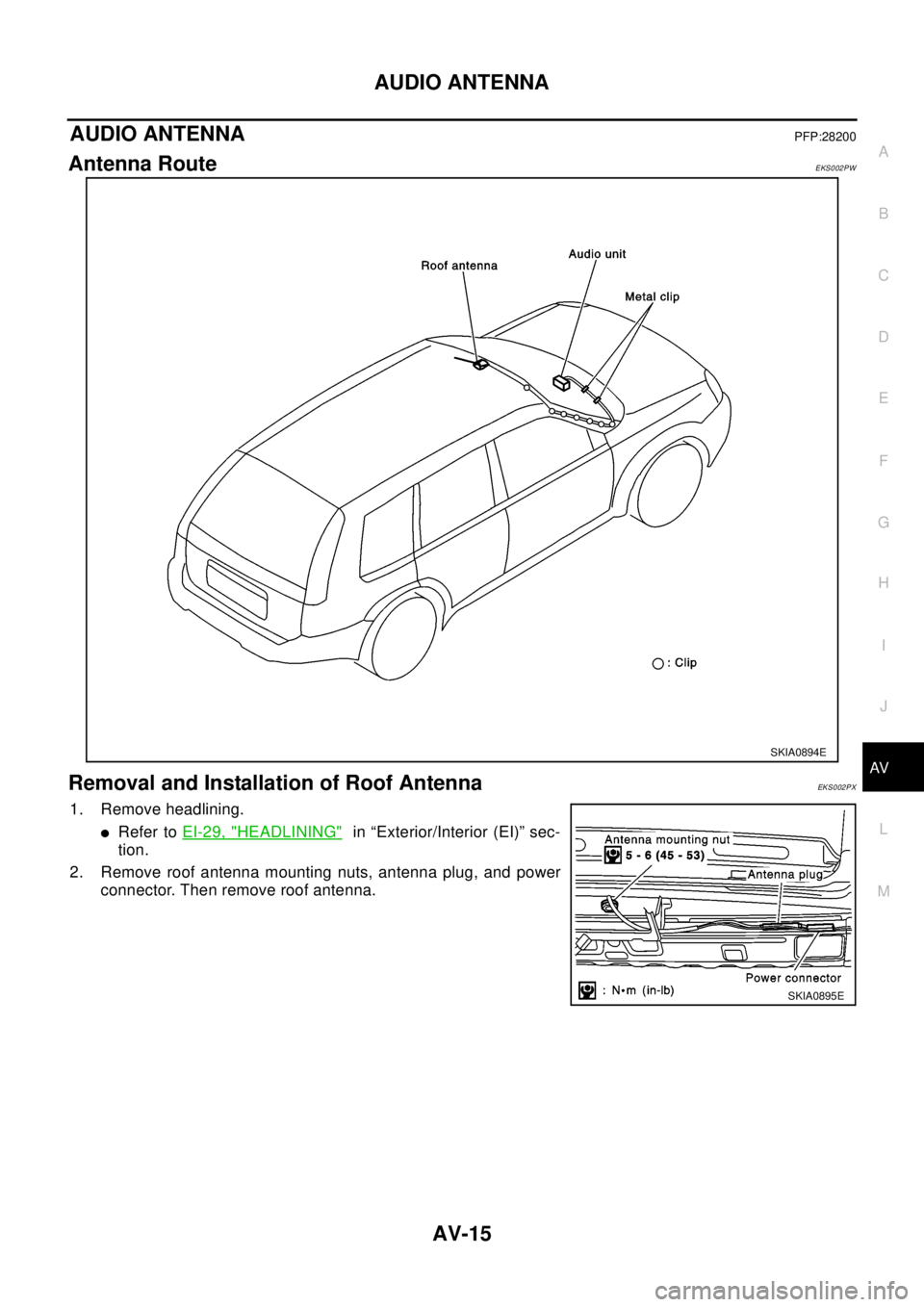 NISSAN X-TRAIL 2003  Electronic Repair Manual AUDIO ANTENNA
AV-15
C
D
E
F
G
H
I
J
L
MA
B
AV
AUDIO ANTENNAPFP:28200
Antenna RouteEKS002PW
Removal and Installation of Roof AntennaEKS002PX
1. Remove headlining.
lRefer toEI-29, "HEADLINING"in “Exte