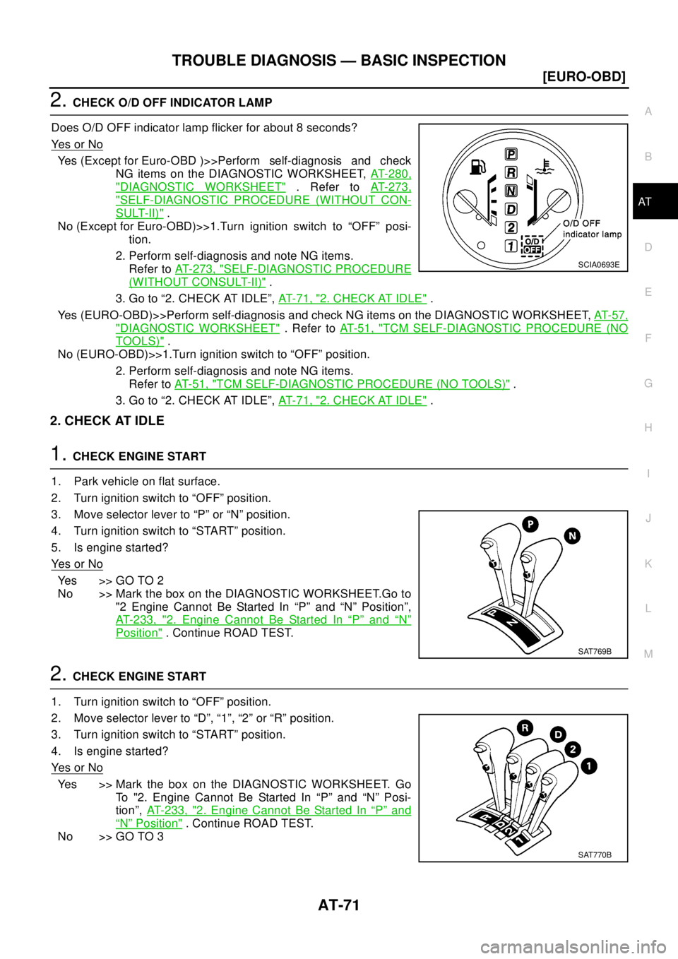 NISSAN X-TRAIL 2003  Electronic Manual PDF TROUBLE DIAGNOSIS — BASIC INSPECTION
AT-71
[EURO-OBD]
D
E
F
G
H
I
J
K
L
MA
B
AT
2.CHECK O/D OFF INDICATOR LAMP
Does O/D OFF indicator lamp flicker for about 8 seconds?
Ye s o r N o
Yes (Except for E
