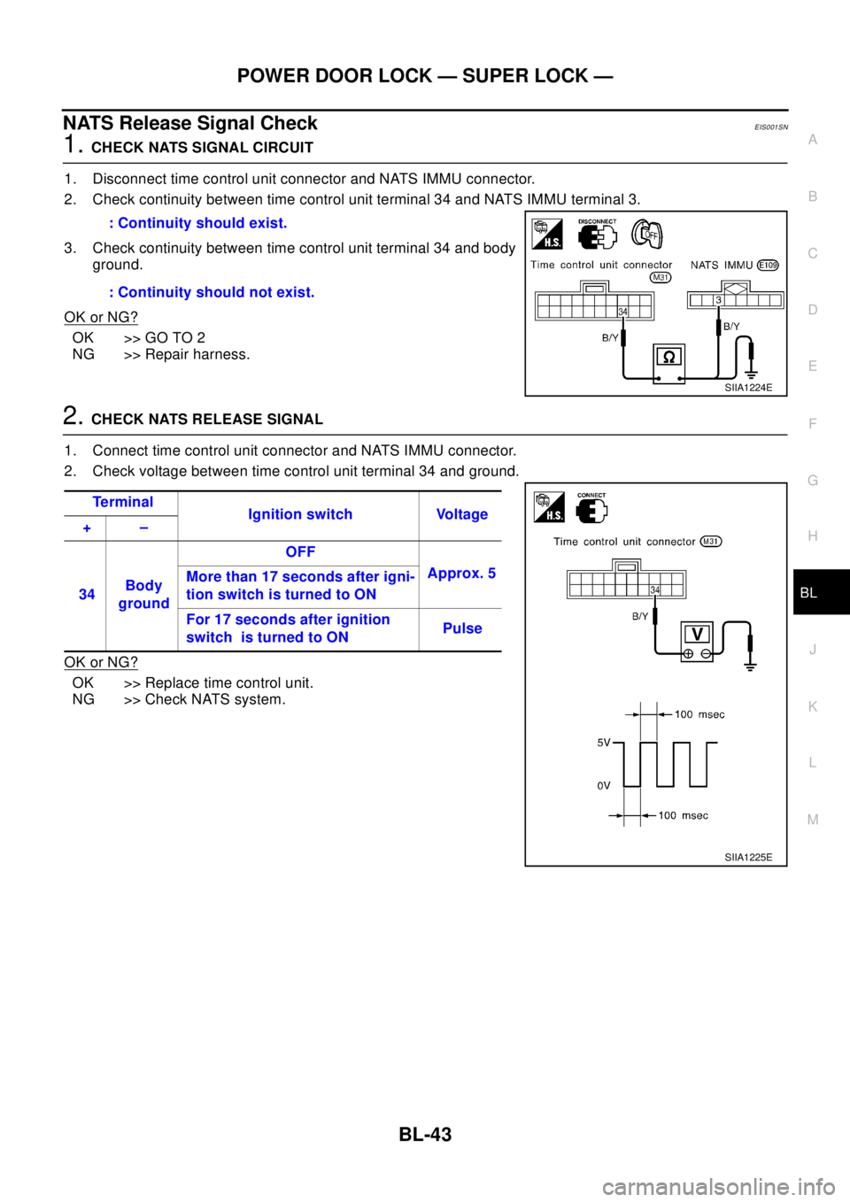 NISSAN X-TRAIL 2003 Electronic Repair Manual POWER DOOR LOCK — SUPER LOCK —
BL-43
C
D
E
F
G
H
J
K
L
MA
B
BL
NATS Release Signal CheckEIS001SN
1.CHECK NATS SIGNAL CIRCUIT
1. Disconnect time control unit connector and NATS IMMU connector.
2. C NISSAN X-TRAIL 2003 Electronic Repair Manual POWER DOOR LOCK — SUPER LOCK —
BL-43
C
D
E
F
G
H
J
K
L
MA
B
BL
NATS Release Signal CheckEIS001SN
1.CHECK NATS SIGNAL CIRCUIT
1. Disconnect time control unit connector and NATS IMMU connector.
2. C