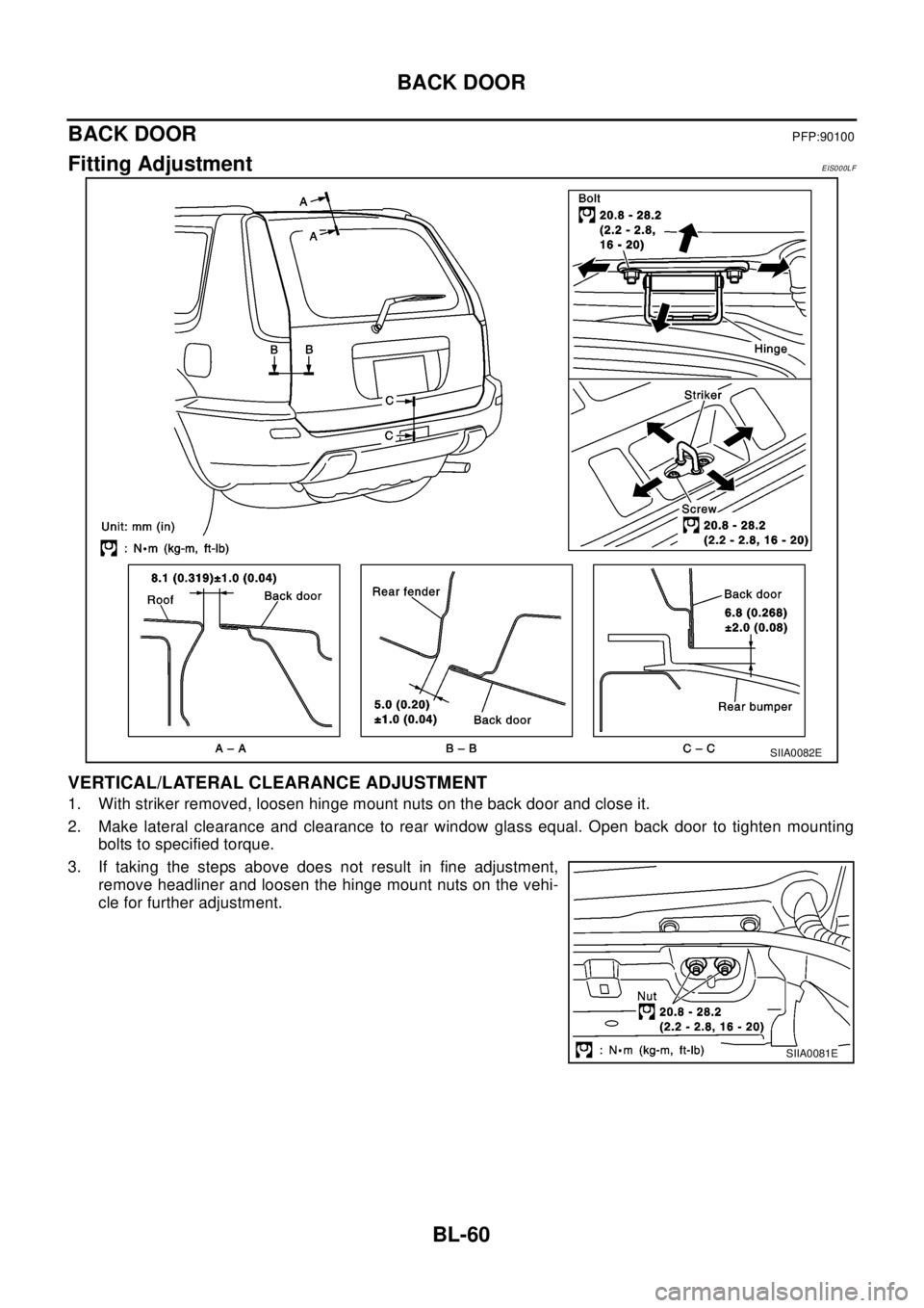 NISSAN X-TRAIL 2003  Electronic Repair Manual BL-60
BACK DOOR
BACK DOOR
PFP:90100
Fitting AdjustmentEIS000LF
VERTICAL/LATERAL CLEARANCE ADJUSTMENT
1. With striker removed, loosen hinge mount nuts on the back door and close it.
2. Make lateral cle