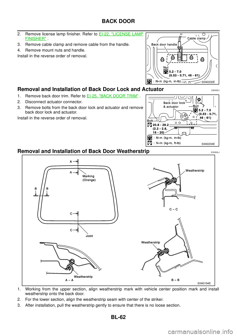 NISSAN X-TRAIL 2003  Electronic Repair Manual BL-62
BACK DOOR
2. Remove license lamp finisher. Refer toEI-22, "LICENSE LAMP
FINISHER".
3. Remove cable clamp and remove cable from the handle.
4. Remove mount nuts and handle.
Install in the reverse