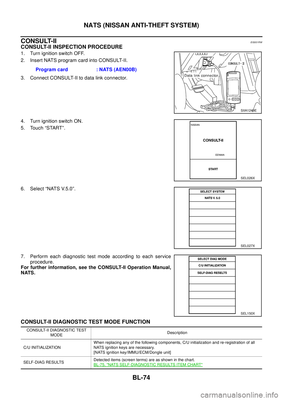 NISSAN X-TRAIL 2003  Electronic Repair Manual BL-74
NATS (NISSAN ANTI-THEFT SYSTEM)
CONSULT-II
EIS001RW
CONSULT-II INSPECTION PROCEDURE
1. Turn ignition switch OFF.
2. Insert NATS program card into CONSULT-II.
3. Connect CONSULT-II to data link c