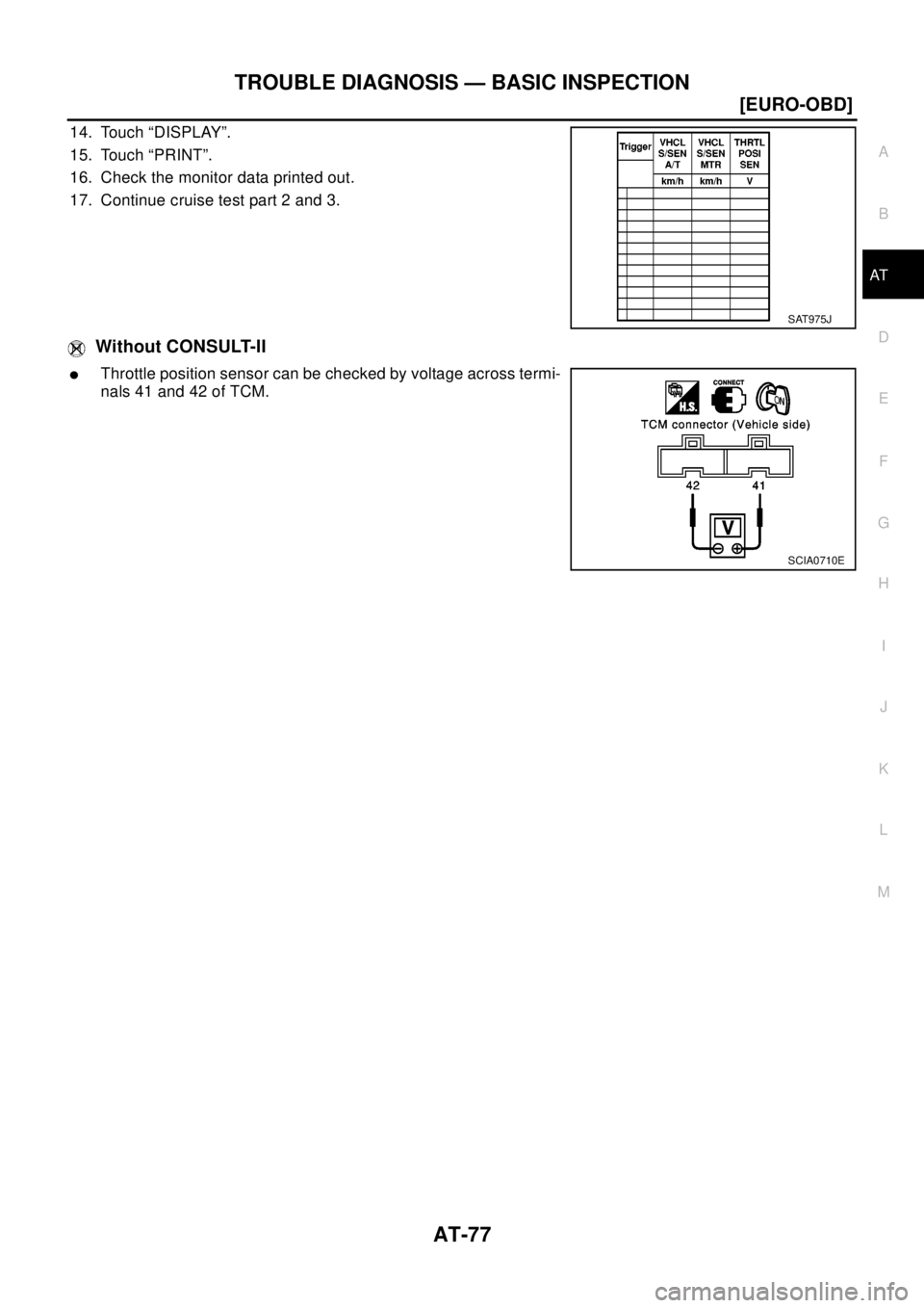 NISSAN X-TRAIL 2003  Electronic Manual Online TROUBLE DIAGNOSIS — BASIC INSPECTION
AT-77
[EURO-OBD]
D
E
F
G
H
I
J
K
L
MA
B
AT
14. Touch “DISPLAY”.
15. Touch “PRINT”.
16. Check the monitor data printed out.
17. Continue cruise test part 