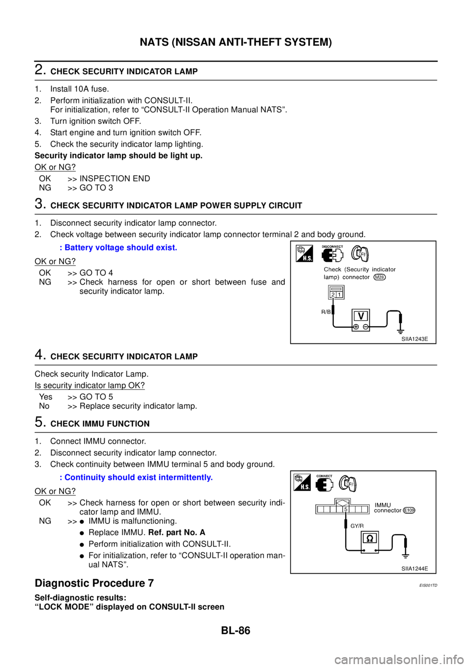 NISSAN X-TRAIL 2003 Electronic Repair Manual BL-86
NATS (NISSAN ANTI-THEFT SYSTEM)
2.CHECK SECURITY INDICATOR LAMP
1. Install 10A fuse.
2. Perform initialization with CONSULT-II.
For initialization, refer to “CONSULT-II Operation Manual NATS NISSAN X-TRAIL 2003 Electronic Repair Manual BL-86
NATS (NISSAN ANTI-THEFT SYSTEM)
2.CHECK SECURITY INDICATOR LAMP
1. Install 10A fuse.
2. Perform initialization with CONSULT-II.
For initialization, refer to “CONSULT-II Operation Manual NATS