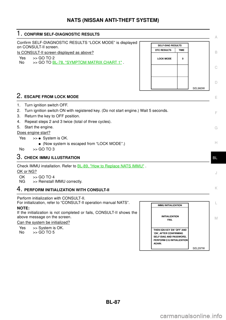 NISSAN X-TRAIL 2003 Electronic Repair Manual NATS (NISSAN ANTI-THEFT SYSTEM)
BL-87
C
D
E
F
G
H
J
K
L
MA
B
BL
1.CONFIRM SELF-DIAGNOSTIC RESULTS
Confirm SELF-DIAGNOSTIC RESULTS “LOCK MODE” is displayed
on CONSULT-II screen.
Is CONSULT-II scree NISSAN X-TRAIL 2003 Electronic Repair Manual NATS (NISSAN ANTI-THEFT SYSTEM)
BL-87
C
D
E
F
G
H
J
K
L
MA
B
BL
1.CONFIRM SELF-DIAGNOSTIC RESULTS
Confirm SELF-DIAGNOSTIC RESULTS “LOCK MODE” is displayed
on CONSULT-II screen.
Is CONSULT-II scree