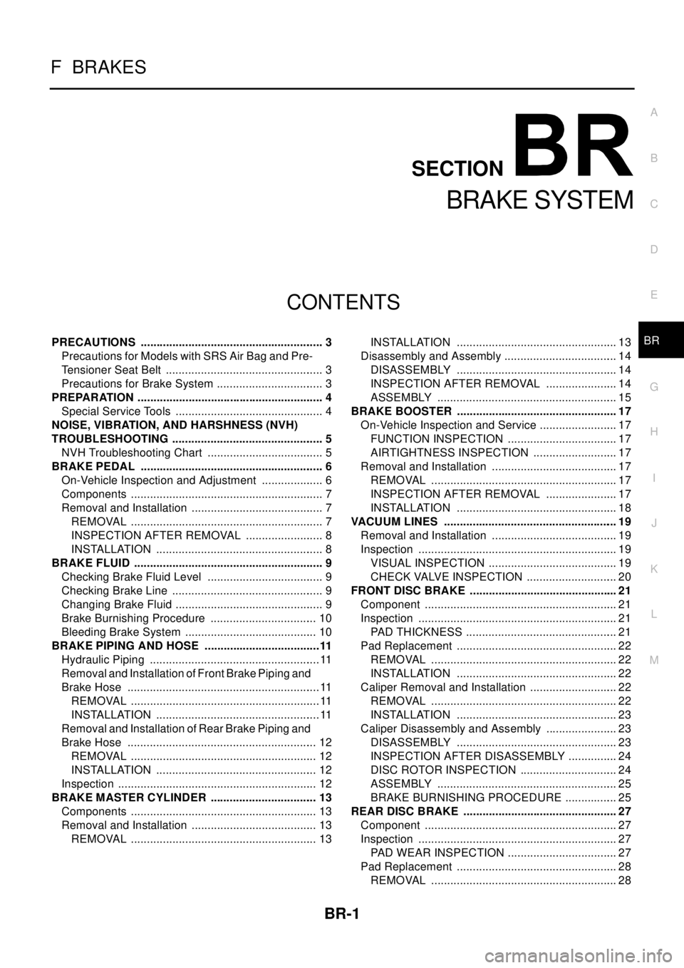 NISSAN X-TRAIL 2003  Electronic Repair Manual BR-1
BRAKE SYSTEM
F BRAKES
CONTENTS
C
D
E
G
H
I
J
K
L
M
SECTION
A
B
BR
BRAKE SYSTEM
PRECAUTIONS .......................................................... 3
Precautions for Models with SRS Air Bag and