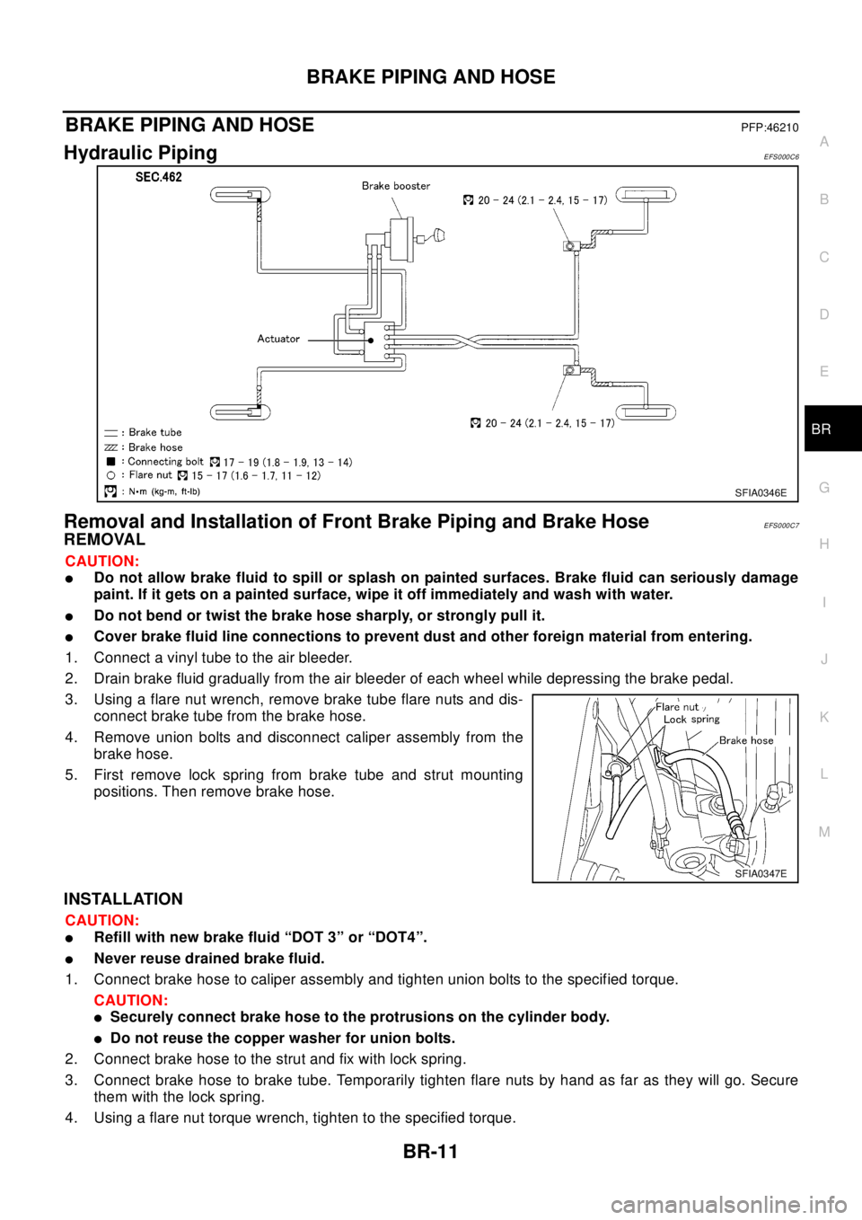 NISSAN X-TRAIL 2003 Electronic Repair Manual BRAKE PIPING AND HOSE
BR-11
C
D
E
G
H
I
J
K
L
MA
B
BR
BRAKE PIPING AND HOSEPFP:46210
Hydraulic PipingEFS000C6
Removal and Installation of Front Brake Piping and Brake HoseEFS000C7
REMOVAL
CAUTION:
lDo NISSAN X-TRAIL 2003 Electronic Repair Manual BRAKE PIPING AND HOSE
BR-11
C
D
E
G
H
I
J
K
L
MA
B
BR
BRAKE PIPING AND HOSEPFP:46210
Hydraulic PipingEFS000C6
Removal and Installation of Front Brake Piping and Brake HoseEFS000C7
REMOVAL
CAUTION:
lDo