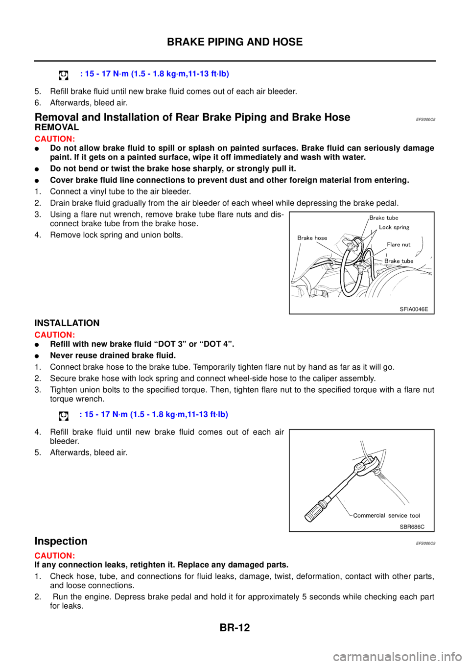 NISSAN X-TRAIL 2003 Electronic Repair Manual BR-12
BRAKE PIPING AND HOSE
5. Refill brake fluid until new brake fluid comes out of each air bleeder.
6. Afterwards, bleed air.
Removal and Installation of Rear Brake Piping and Brake HoseEFS000C8
RE NISSAN X-TRAIL 2003 Electronic Repair Manual BR-12
BRAKE PIPING AND HOSE
5. Refill brake fluid until new brake fluid comes out of each air bleeder.
6. Afterwards, bleed air.
Removal and Installation of Rear Brake Piping and Brake HoseEFS000C8
RE