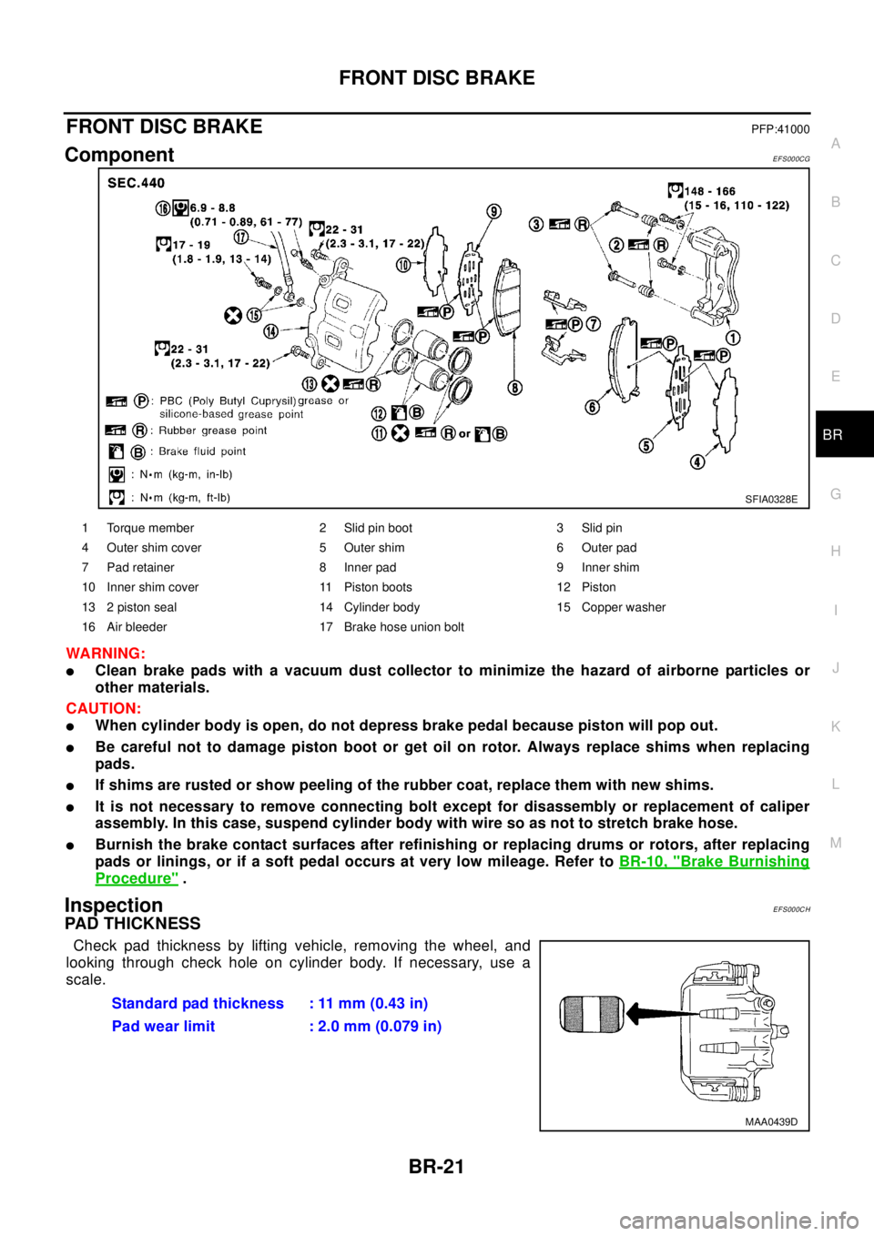 NISSAN X-TRAIL 2003 Electronic Repair Manual FRONT DISC BRAKE
BR-21
C
D
E
G
H
I
J
K
L
MA
B
BR
FRONT DISC BRAKEPFP:41000
ComponentEFS000CG
WA RN ING:
lClean brake pads with a vacuum dust collector to minimize the hazard of airborne particles or
o NISSAN X-TRAIL 2003 Electronic Repair Manual FRONT DISC BRAKE
BR-21
C
D
E
G
H
I
J
K
L
MA
B
BR
FRONT DISC BRAKEPFP:41000
ComponentEFS000CG
WA RN ING:
lClean brake pads with a vacuum dust collector to minimize the hazard of airborne particles or
o
