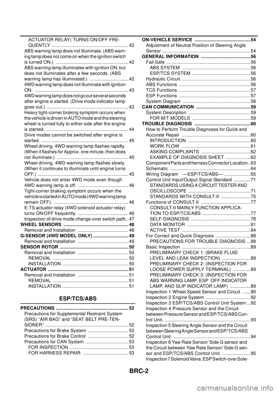 NISSAN X-TRAIL 2003  Electronic Repair Manual BRC-2
ACTUATOR RELAY) TURNS ON/OFF FRE-
QUENTLY ............................................................ 42
ABS warning lamp does not illuminate. (ABS warn-
ing lamp does not come on when the igni