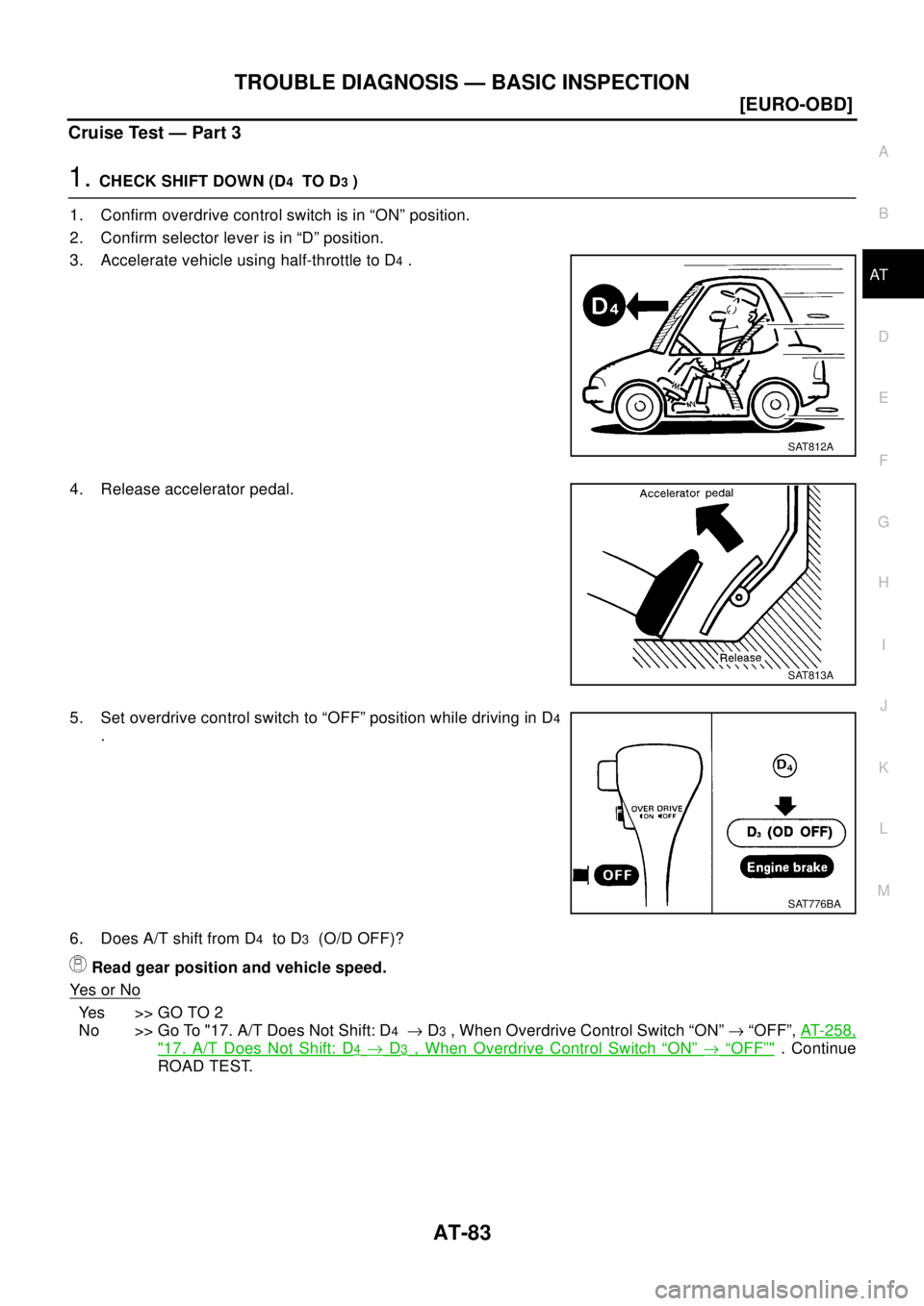 NISSAN X-TRAIL 2003  Electronic Manual Online TROUBLE DIAGNOSIS — BASIC INSPECTION
AT-83
[EURO-OBD]
D
E
F
G
H
I
J
K
L
MA
B
AT
Cruise Test — Part 3
1.CHECK SHIFT DOWN (D4TO D3)
1. Confirm overdrive control switch is in “ON” position.
2. Co