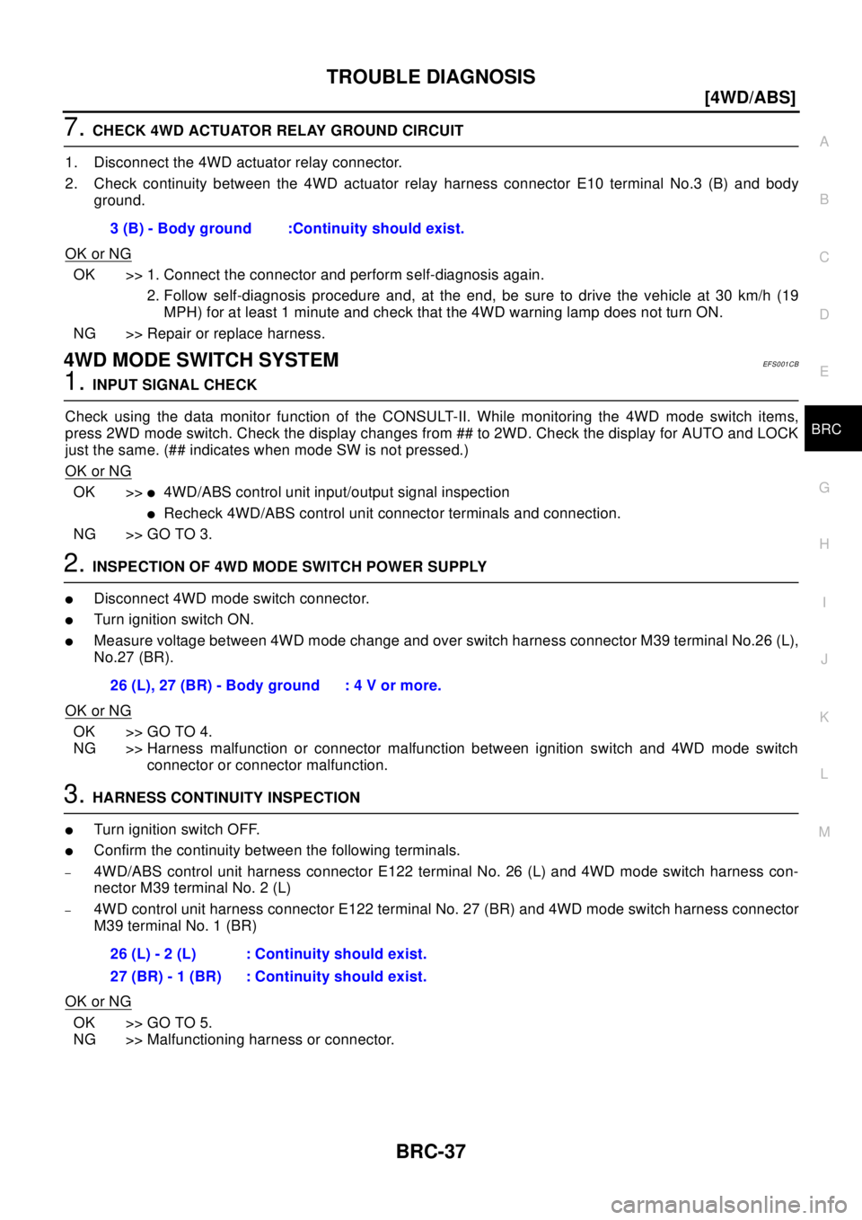 NISSAN X-TRAIL 2003  Electronic Repair Manual TROUBLE DIAGNOSIS
BRC-37
[4WD/ABS]
C
D
E
G
H
I
J
K
L
MA
B
BRC
7.CHECK 4WD ACTUATOR RELAY GROUND CIRCUIT
1. Disconnect the 4WD actuator relay connector.
2. Check continuity between the 4WD actuator rel