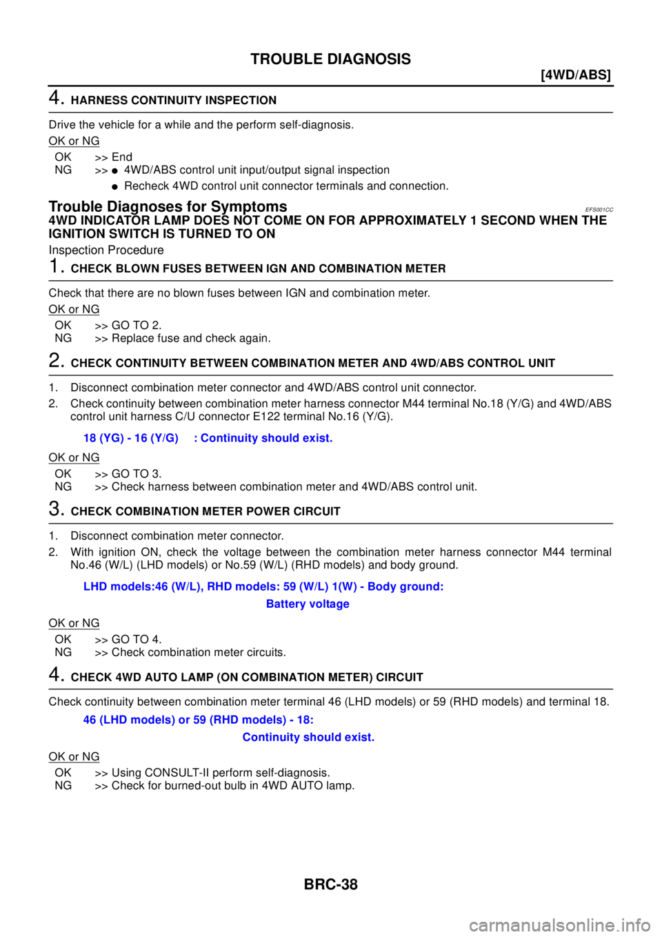 NISSAN X-TRAIL 2003  Electronic Repair Manual BRC-38
[4WD/ABS]
TROUBLE DIAGNOSIS
4.HARNESS CONTINUITY INSPECTION
Drive the vehicle for a while and the perform self-diagnosis.
OK or NG
OK >> End
NG >>
l4WD/ABS control unit input/output signal insp