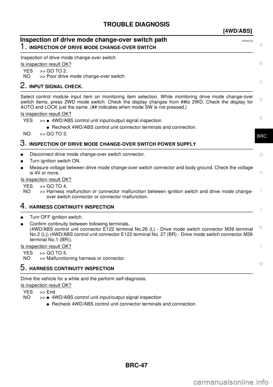NISSAN X-TRAIL 2003  Electronic Repair Manual TROUBLE DIAGNOSIS
BRC-47
[4WD/ABS]
C
D
E
G
H
I
J
K
L
MA
B
BRC
Inspection of drive mode change-over switch pathEFS001C0
1.INSPECTION OF DRIVE MODE CHANGE-OVER SWITCH
Inspection of drive mode change-ove
