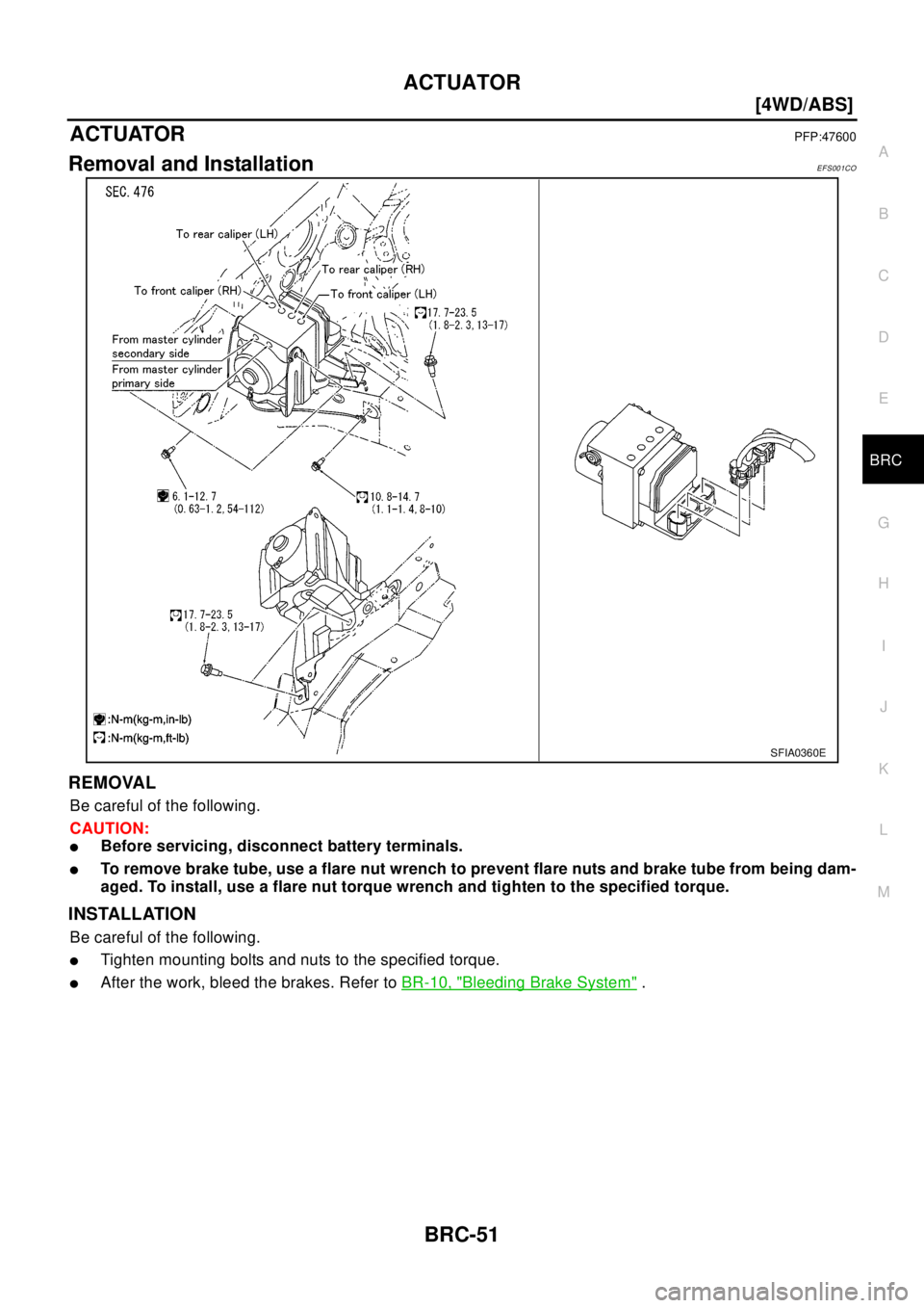 NISSAN X-TRAIL 2003  Electronic Repair Manual ACTUATOR
BRC-51
[4WD/ABS]
C
D
E
G
H
I
J
K
L
MA
B
BRC
ACTUATORPFP:47600
Removal and InstallationEFS001CO
REMOVAL
Be careful of the following.
CAUTION:
lBefore servicing, disconnect battery terminals.
l