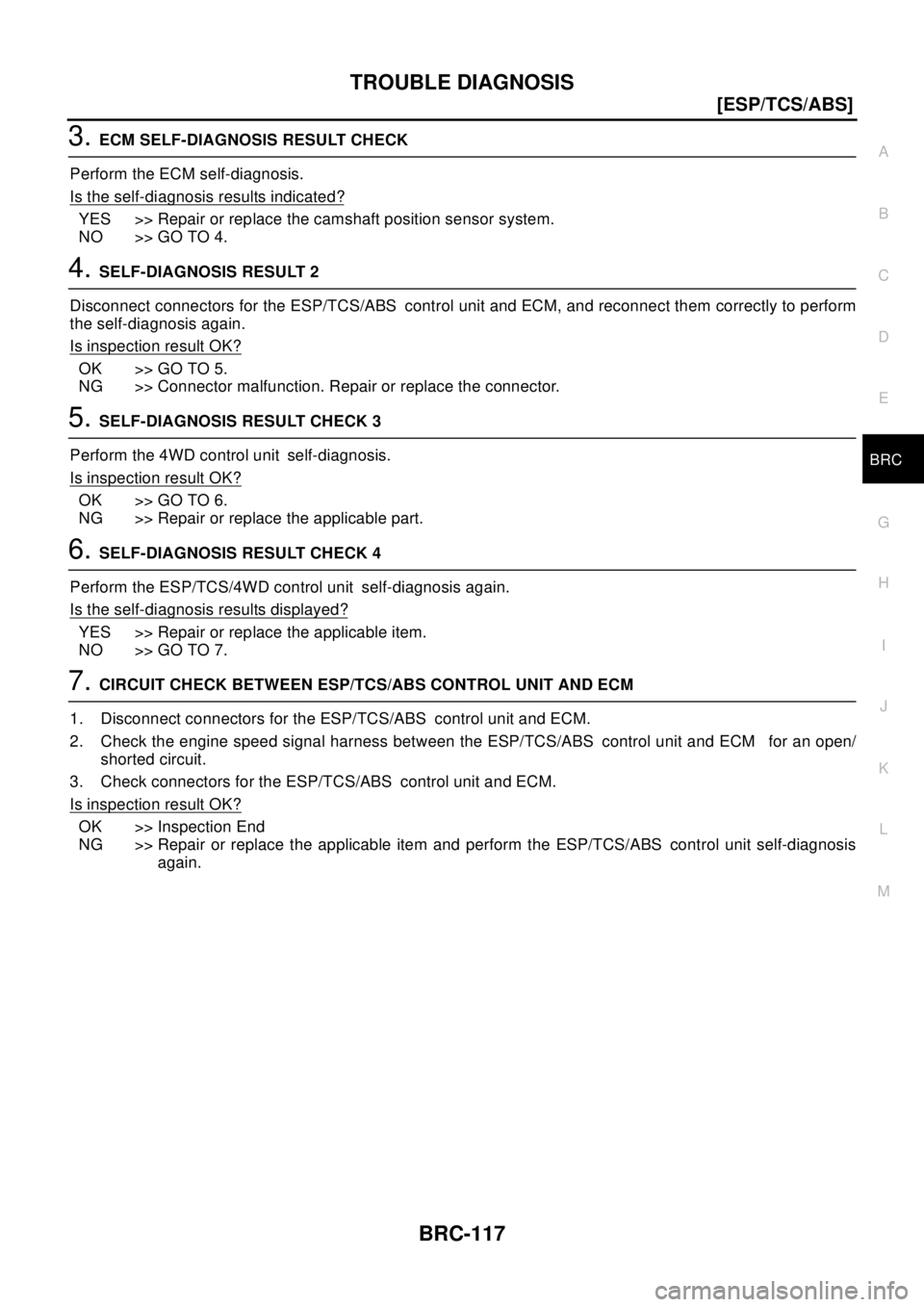 NISSAN X-TRAIL 2003  Electronic Repair Manual TROUBLE DIAGNOSIS
BRC-117
[ESP/TCS/ABS]
C
D
E
G
H
I
J
K
L
MA
B
BRC
3.ECM SELF-DIAGNOSIS RESULT CHECK
Perform the ECM self-diagnosis.
Is the self-diagnosis results indicated?
YES >> Repair or replace t