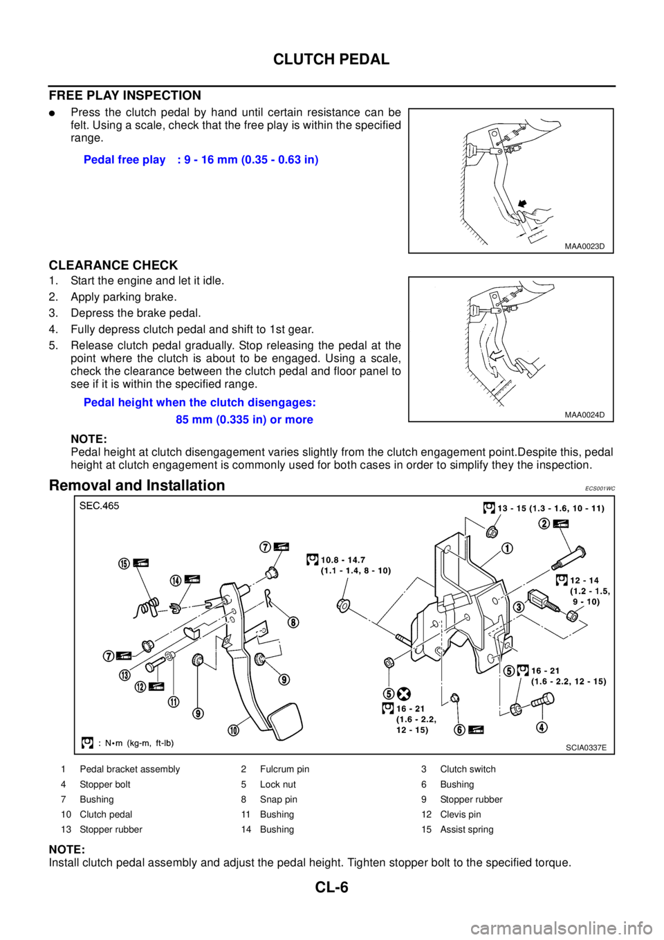 NISSAN X-TRAIL 2003  Electronic Repair Manual CL-6
CLUTCH PEDAL
FREE PLAY INSPECTION
lPress the clutch pedal by hand until certain resistance can be
felt. Using a scale, check that the free play is within the specified
range.
CLEARANCE CHECK
1. S