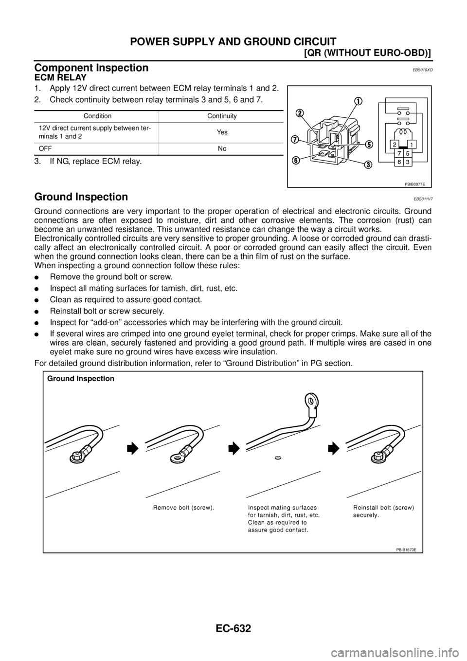 NISSAN X-TRAIL 2005  Service Repair Manual EC-632
[QR (WITHOUT EURO-OBD)]
POWER SUPPLY AND GROUND CIRCUIT
 
Component InspectionEBS010XO
ECM RELAY
1. Apply 12V direct current between ECM relay terminals 1 and 2.
2. Check continuity between rel