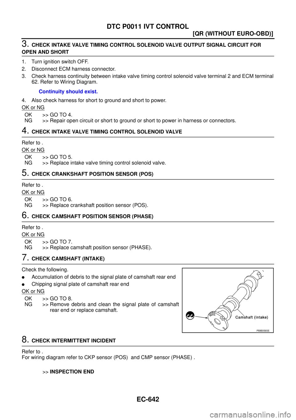 NISSAN X-TRAIL 2005  Service Repair Manual EC-642
[QR (WITHOUT EURO-OBD)]
DTC P0011 IVT CONTROL
 
3. CHECK INTAKE VALVE TIMING CONTROL SOLENOID VALVE OUTPUT SIGNAL CIRCUIT FOR 
OPEN AND SHORT
1. Turn ignition switch OFF.
2. Disconnect ECM harn