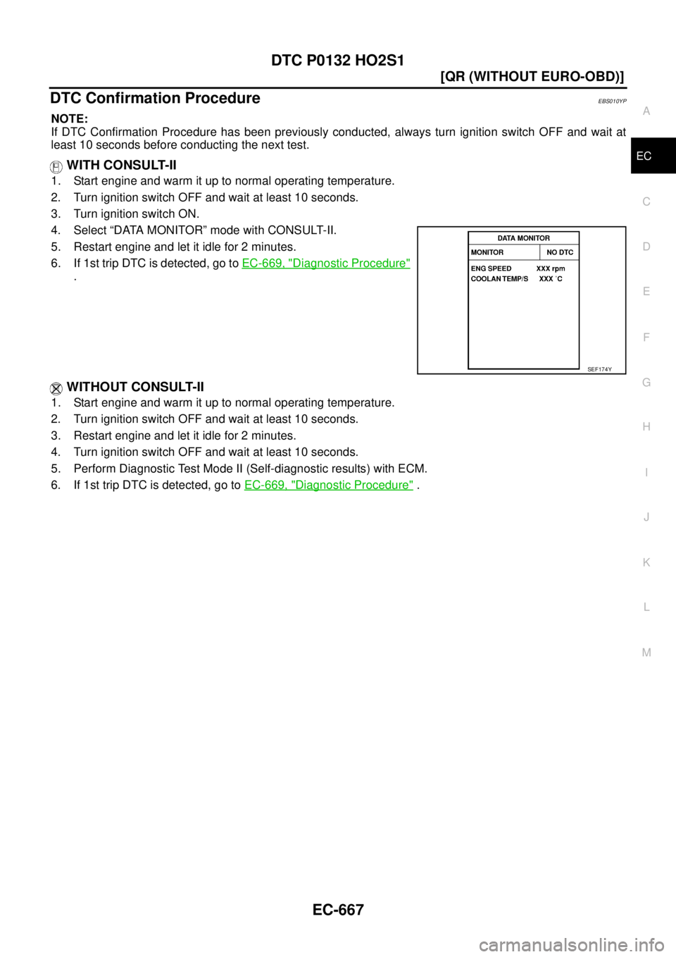 NISSAN X-TRAIL 2005  Service Repair Manual DTC P0132 HO2S1
EC-667
[QR (WITHOUT EURO-OBD)]
C
D
E
F
G
H
I
J
K
L
MA
EC
 
DTC Confirmation ProcedureEBS010YP
NOTE:
If DTC Confirmation Procedure has been previously conducted, always turn ignition sw