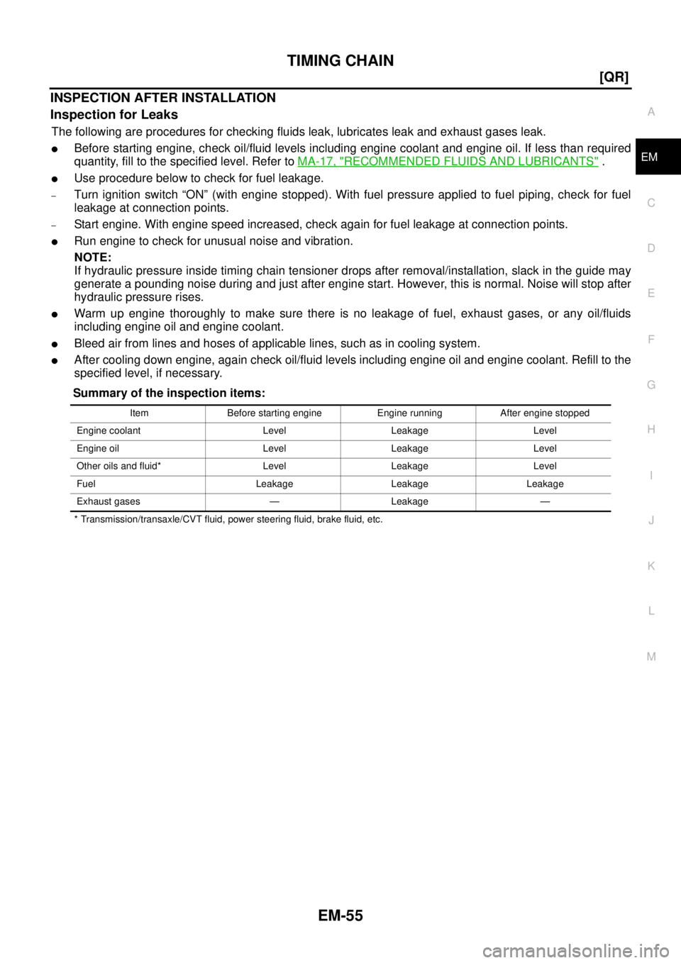 NISSAN X-TRAIL 2005  Service Repair Manual TIMING CHAIN
EM-55
[QR]
C
D
E
F
G
H
I
J
K
L
MA
EM
 
INSPECTION AFTER INSTALLATION
Inspection for Leaks
The following are procedures for checking fluids leak, lubricates leak and exhaust gases leak.
B