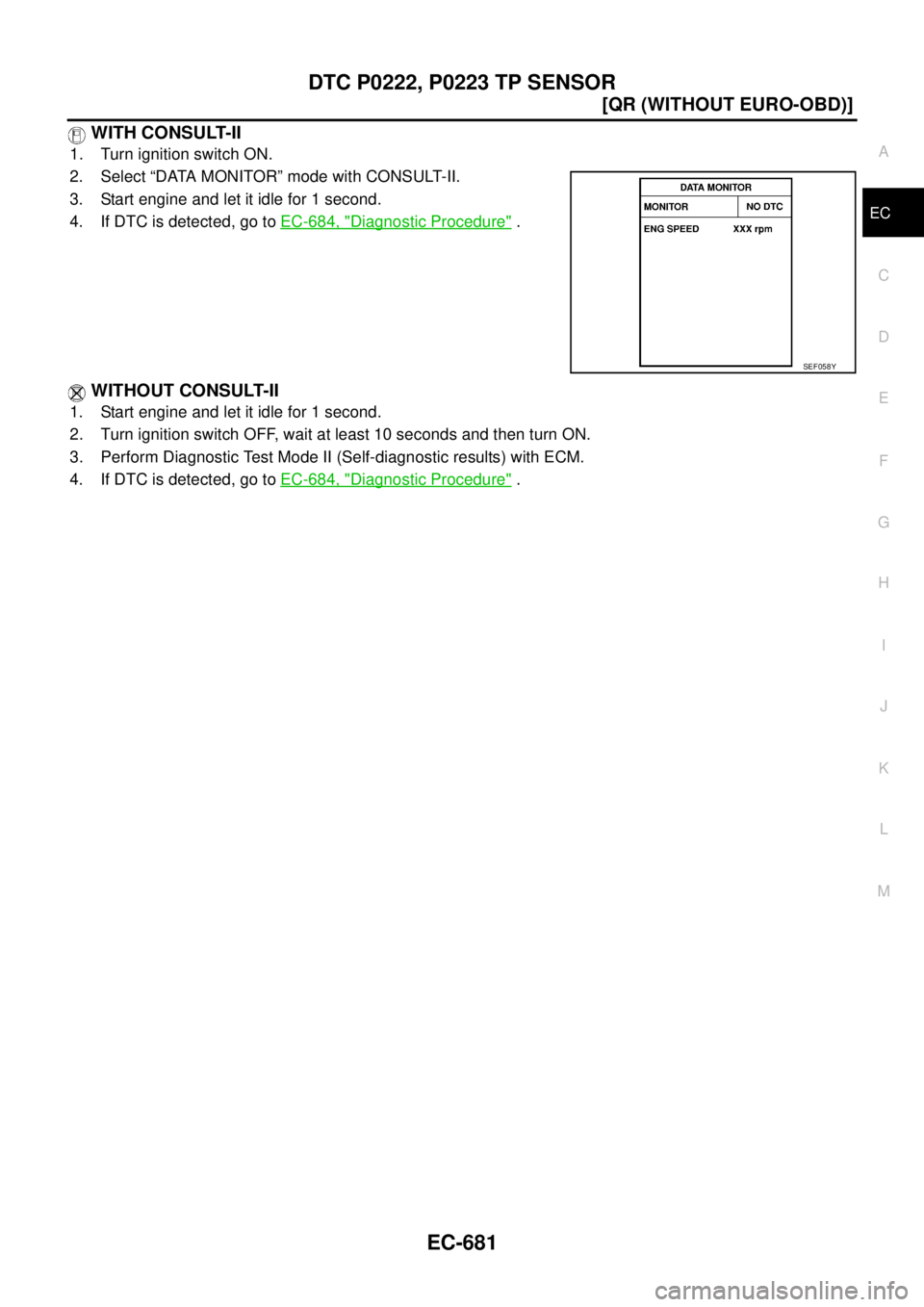 NISSAN X-TRAIL 2005  Service Repair Manual DTC P0222, P0223 TP SENSOR
EC-681
[QR (WITHOUT EURO-OBD)]
C
D
E
F
G
H
I
J
K
L
MA
EC
 
 WITH CONSULT-II
1. Turn ignition switch ON.
2. Select “DATA MONITOR” mode with CONSULT-II.
3. Start engine an