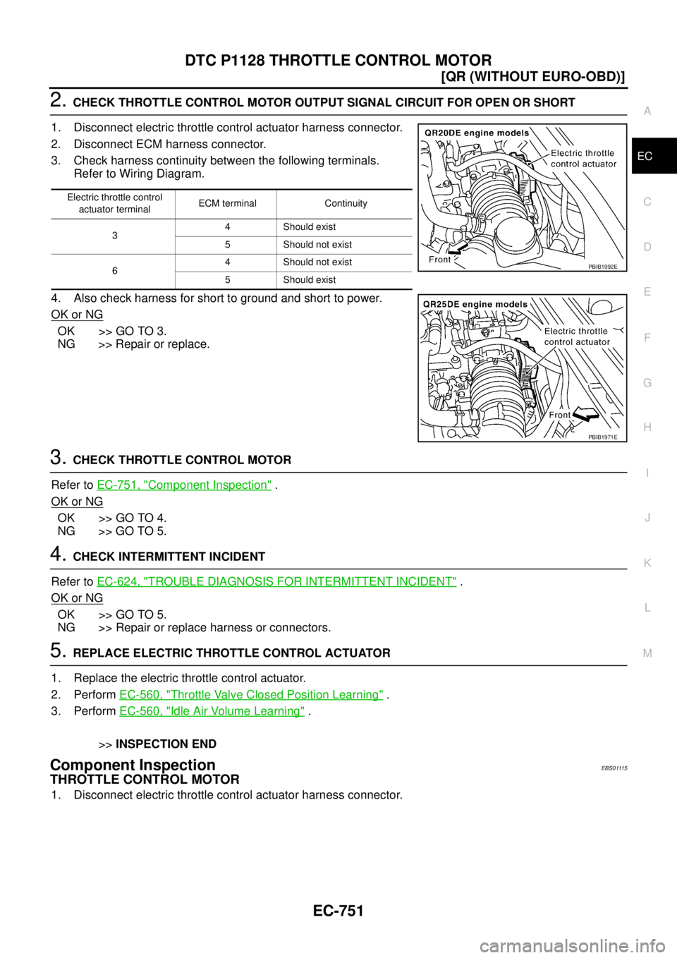 NISSAN X-TRAIL 2005  Service Repair Manual DTC P1128 THROTTLE CONTROL MOTOR
EC-751
[QR (WITHOUT EURO-OBD)]
C
D
E
F
G
H
I
J
K
L
MA
EC
 
2. CHECK THROTTLE CONTROL MOTOR OUTPUT SIGNAL CIRCUIT FOR OPEN OR SHORT
1. Disconnect electric throttle cont