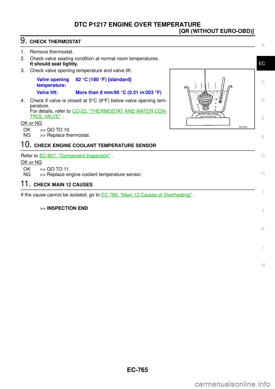 NISSAN X-TRAIL 2005  Service Repair Manual DTC P1217 ENGINE OVER TEMPERATURE
EC-765
[QR (WITHOUT EURO-OBD)]
C
D
E
F
G
H
I
J
K
L
MA
EC
 
9. CHECK THERMOSTAT
1. Remove thermostat.
2. Check valve seating condition at normal room temperatures.
It 