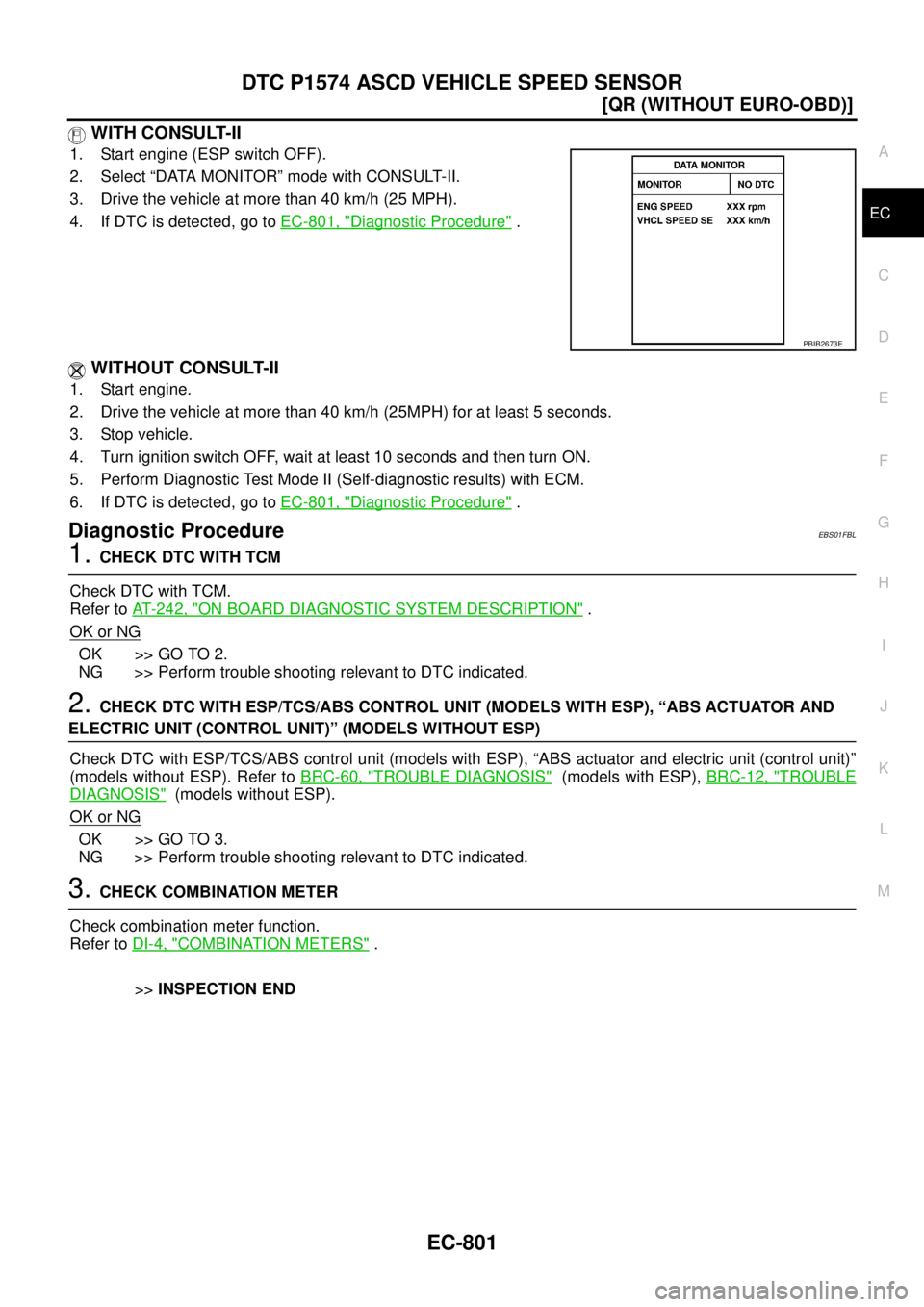 NISSAN X-TRAIL 2005  Service Repair Manual DTC P1574 ASCD VEHICLE SPEED SENSOR
EC-801
[QR (WITHOUT EURO-OBD)]
C
D
E
F
G
H
I
J
K
L
MA
EC
 
 WITH CONSULT-II
1. Start engine (ESP switch OFF).
2. Select “DATA MONITOR” mode with CONSULT-II.
3. 