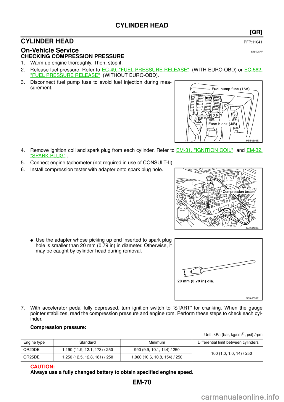 NISSAN X-TRAIL 2005  Service Repair Manual EM-70
[QR]
CYLINDER HEAD
 
CYLINDER HEADPFP:11041
On-Vehicle ServiceEBS00KNP
CHECKING COMPRESSION PRESSURE
1. Warm up engine thoroughly. Then, stop it.
2. Release fuel pressure. Refer to EC-49, "
FUEL