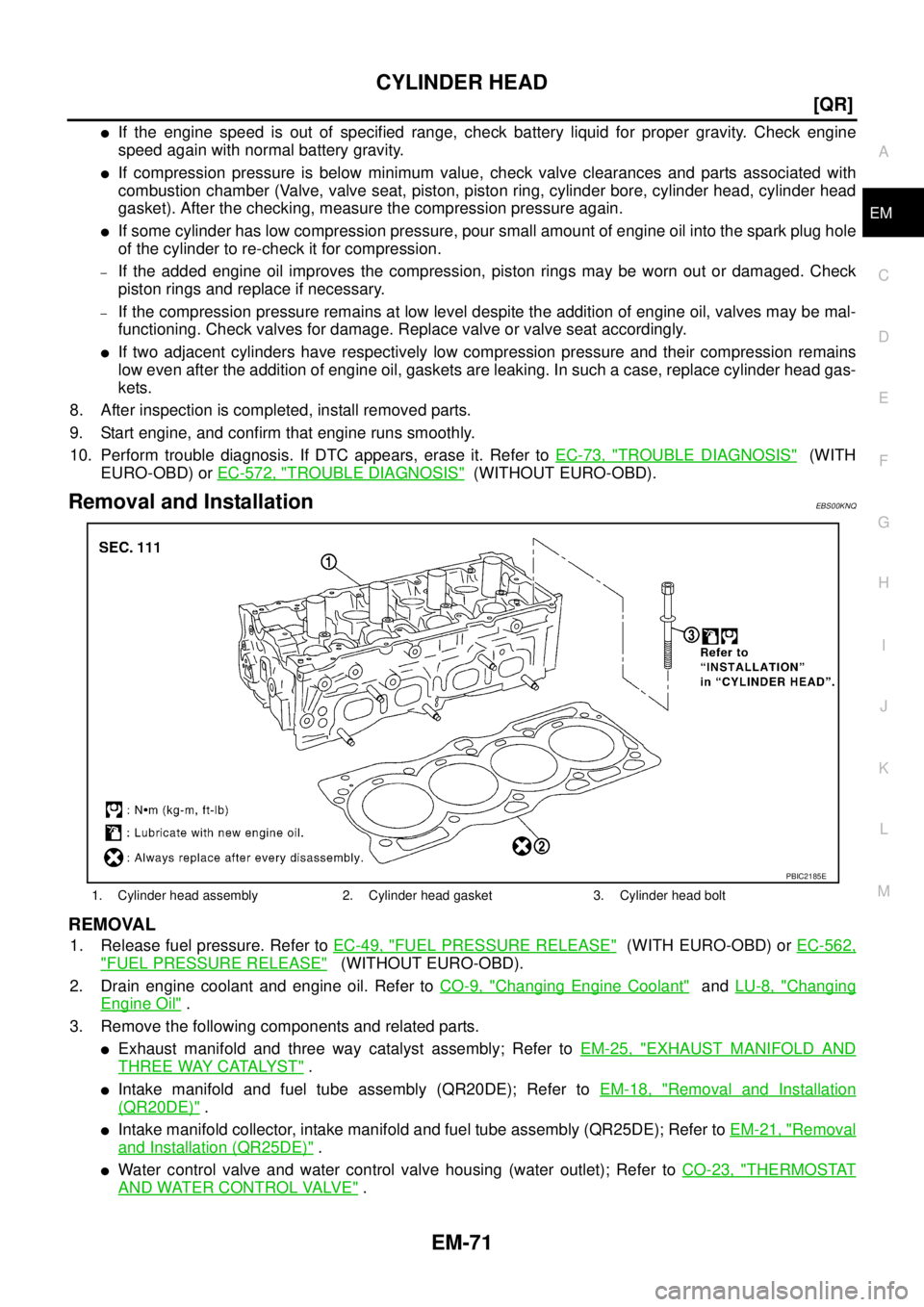 NISSAN X-TRAIL 2005  Service Repair Manual CYLINDER HEAD
EM-71
[QR]
C
D
E
F
G
H
I
J
K
L
MA
EM
 
If the engine speed is out of specified range, check battery liquid for proper gravity. Check engine
speed again with normal battery gravity. 
If