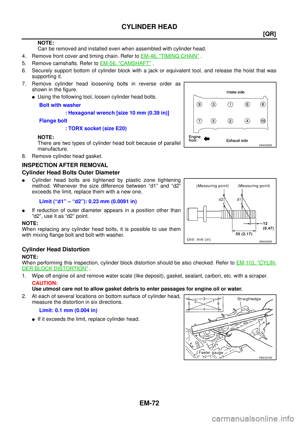 NISSAN X-TRAIL 2005  Service Repair Manual EM-72
[QR]
CYLINDER HEAD
 
NOTE:
Can be removed and installed even when assembled with cylinder head.
4. Remove front cover and timing chain. Refer to EM-46, "
TIMING CHAIN" .
5. Remove camshafts. Ref