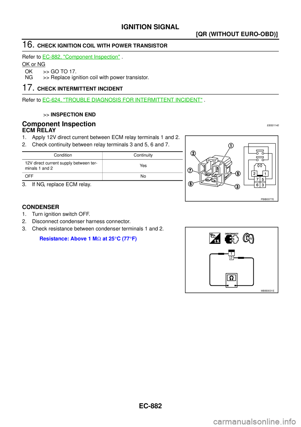 NISSAN X-TRAIL 2005  Service Repair Manual EC-882
[QR (WITHOUT EURO-OBD)]
IGNITION SIGNAL
 
16. CHECK IGNITION COIL WITH POWER TRANSISTOR
Refer to EC-882, "
Component Inspection" .
OK or NG
OK >> GO TO 17.
NG >> Replace ignition coil with powe