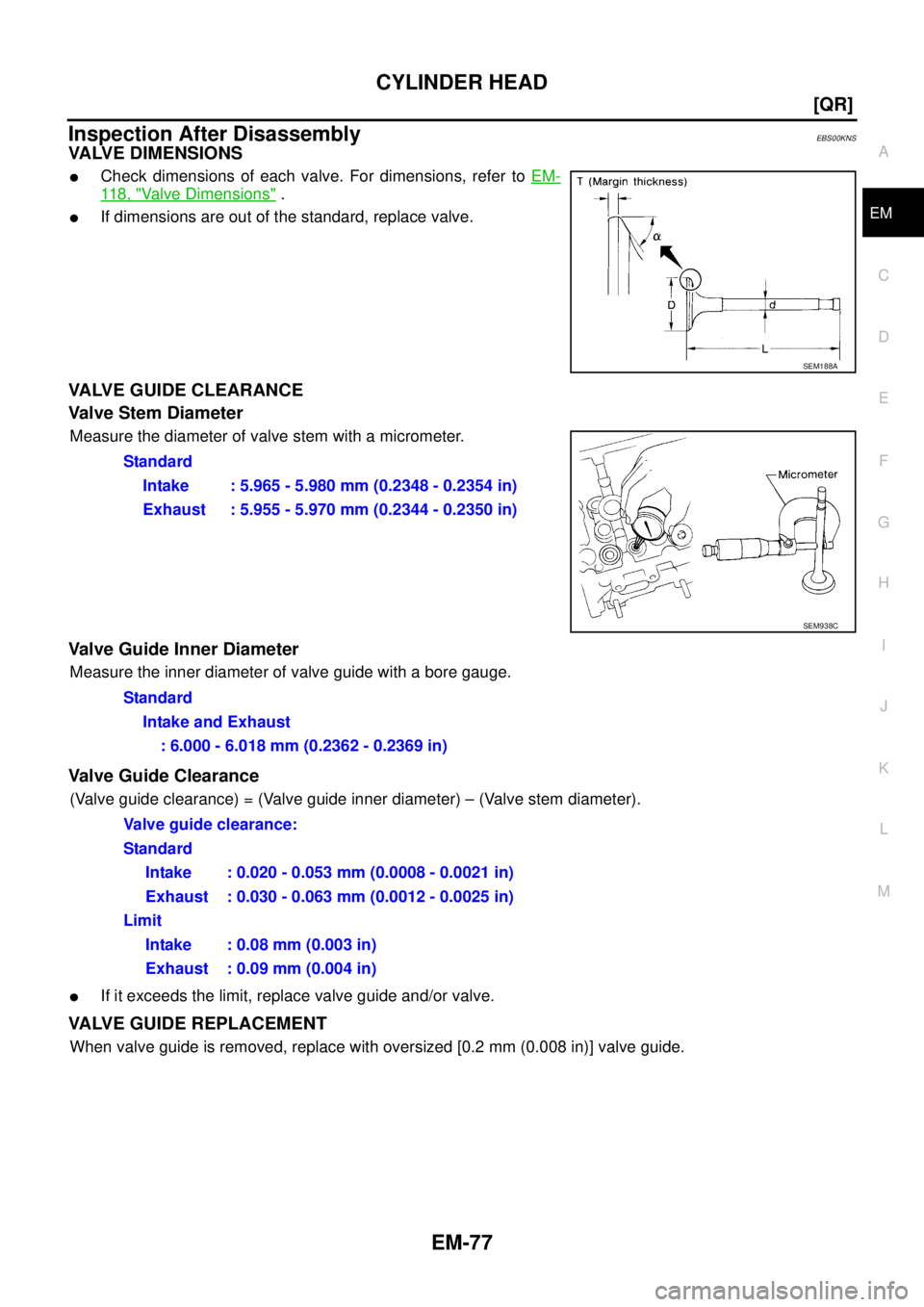 NISSAN X-TRAIL 2005  Service Repair Manual CYLINDER HEAD
EM-77
[QR]
C
D
E
F
G
H
I
J
K
L
MA
EM
 
Inspection After DisassemblyEBS00KNS
VALVE DIMENSIONS
Check dimensions of each valve. For dimensions, refer to EM-
11 8 ,  "Valve Dimensions" .
I